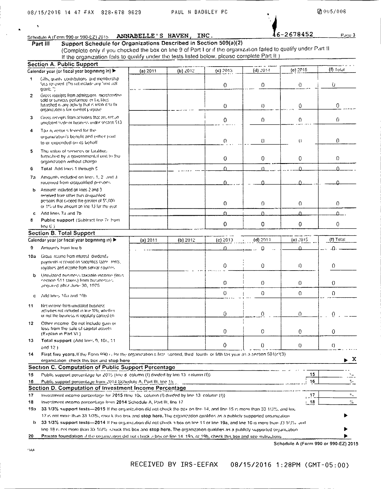 Image of first page of 2015 Form 990ER for Annabelles Haven