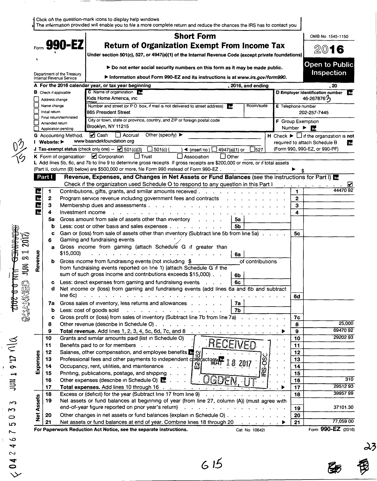 Image of first page of 2016 Form 990EZ for Kids Home America