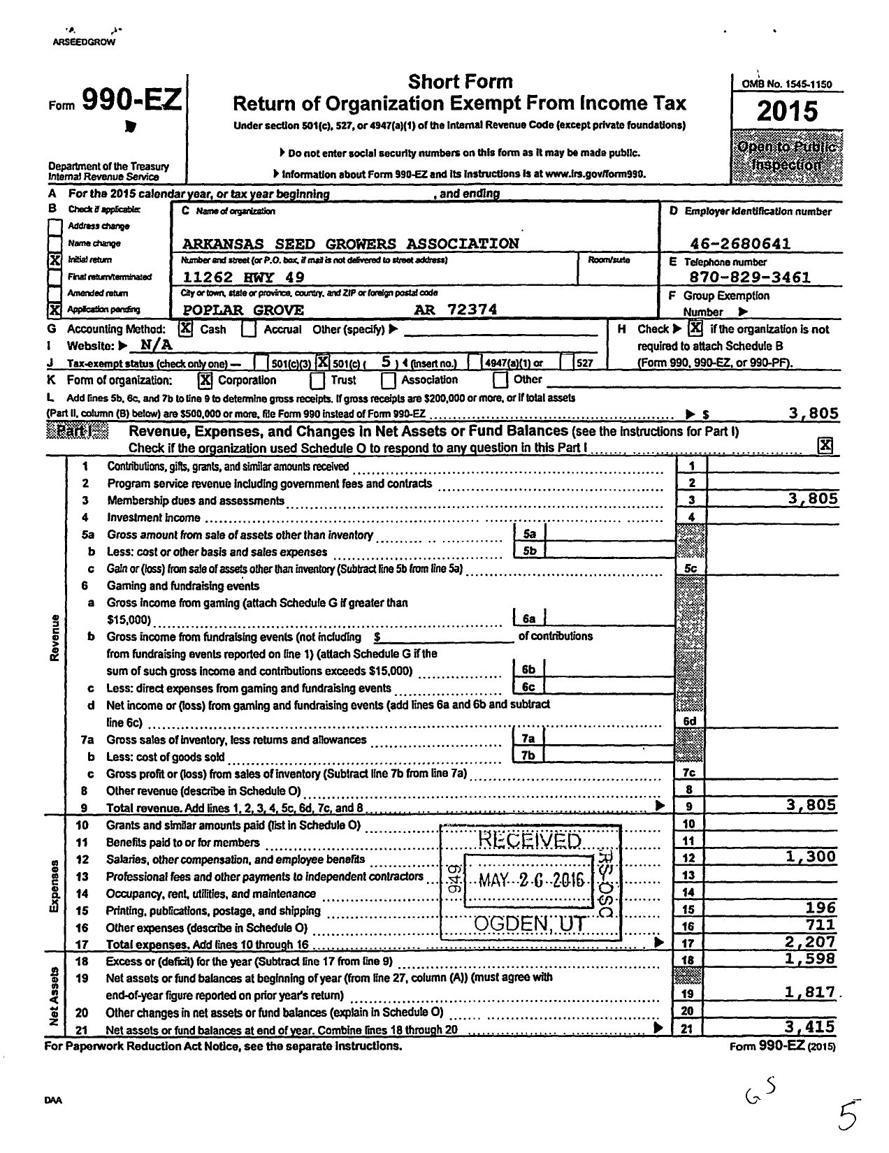 Image of first page of 2015 Form 990EO for Arkansas Seed Growers Association