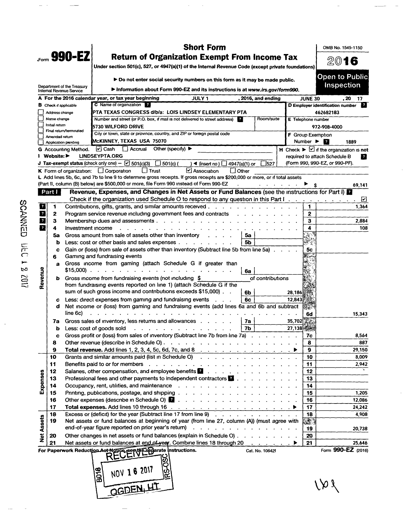 Image of first page of 2016 Form 990EZ for TEXAS PTA - 2252153 Lois Lindsey Elementary PTS