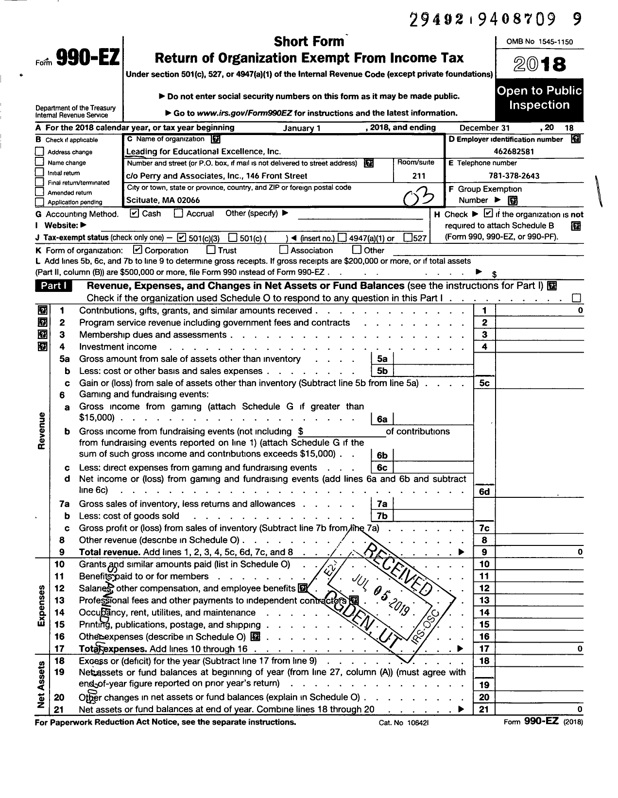 Image of first page of 2018 Form 990EZ for Leading for Educational Excellence