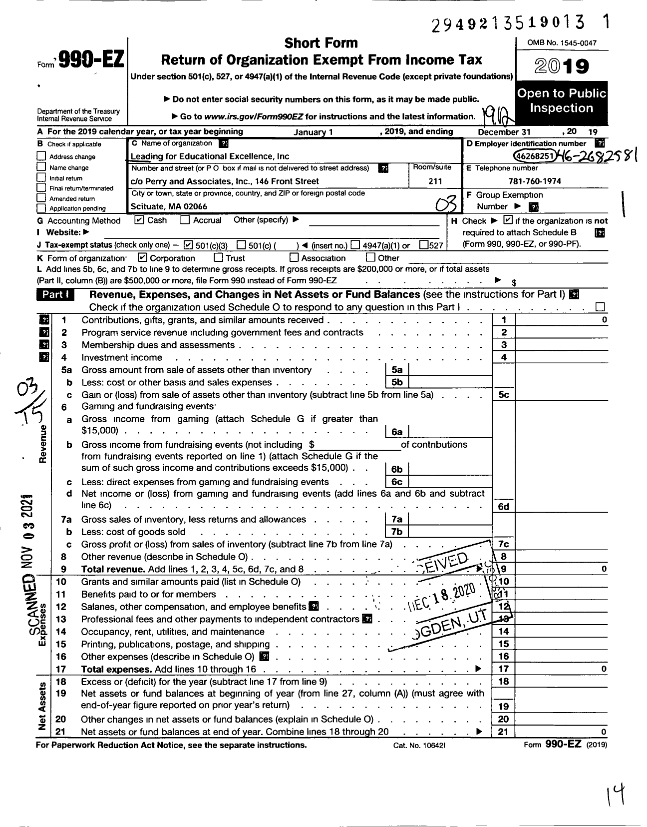 Image of first page of 2019 Form 990EZ for Leading for Educational Excellence