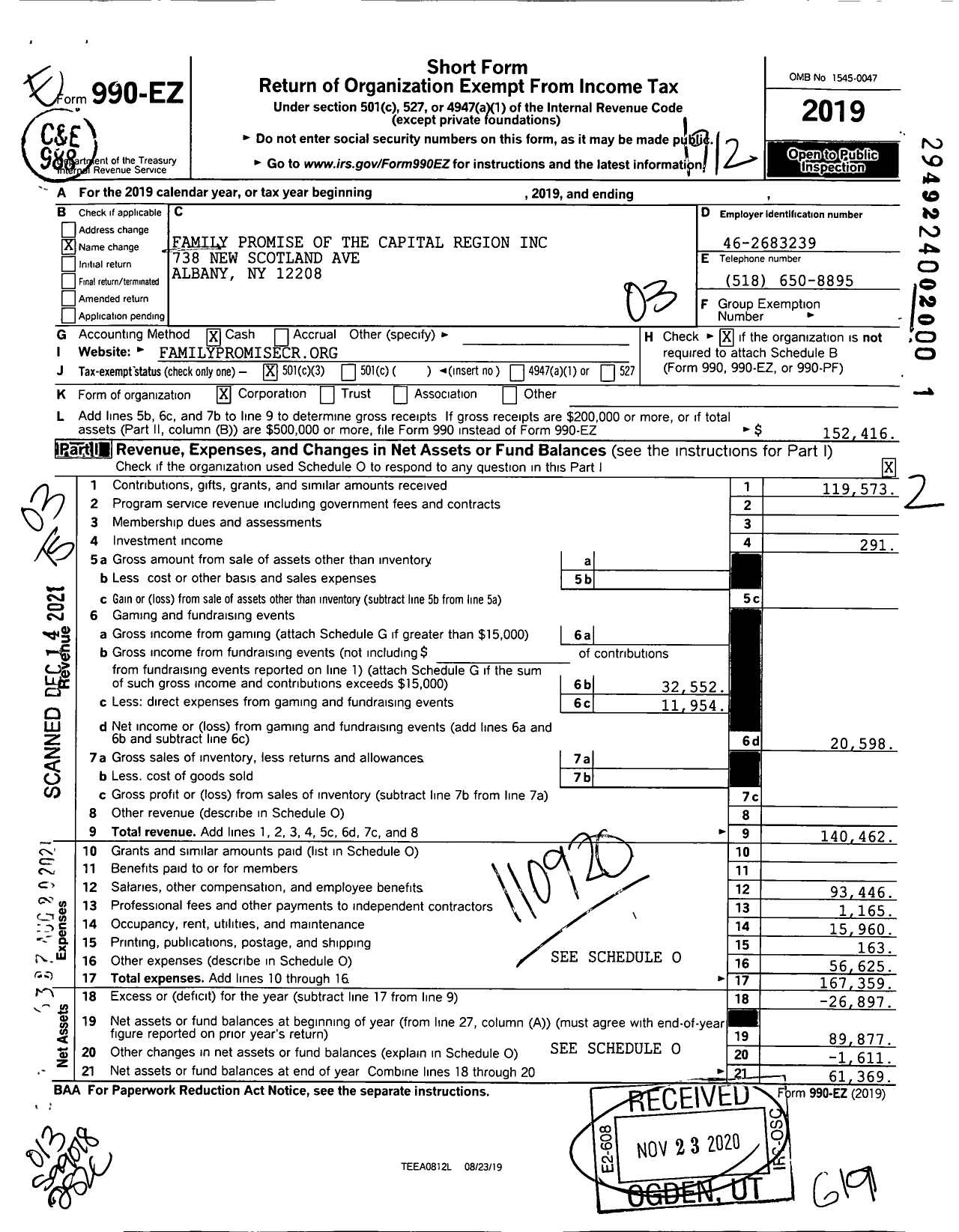 Image of first page of 2019 Form 990EZ for Family Promise of the Capital Region