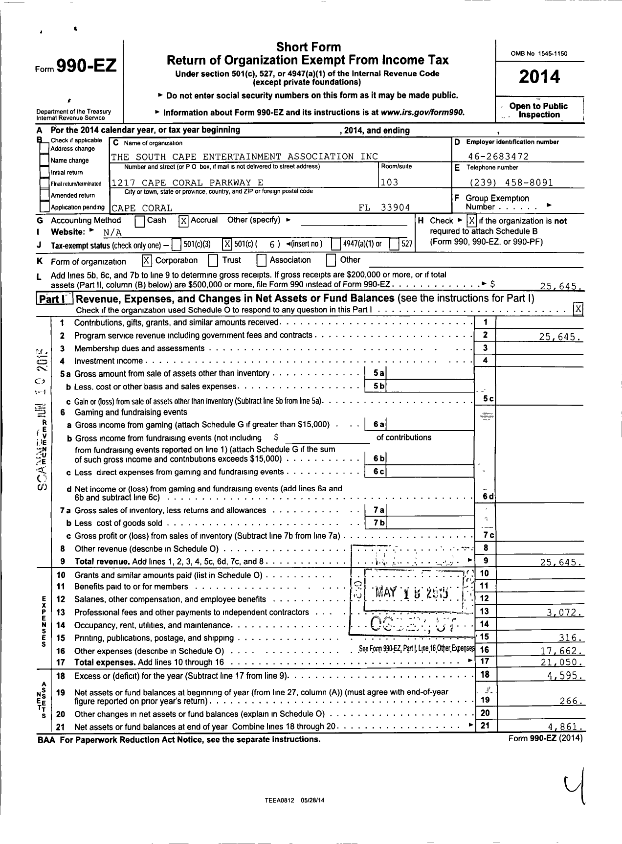 Image of first page of 2014 Form 990EO for The South Cape Entertainment Association