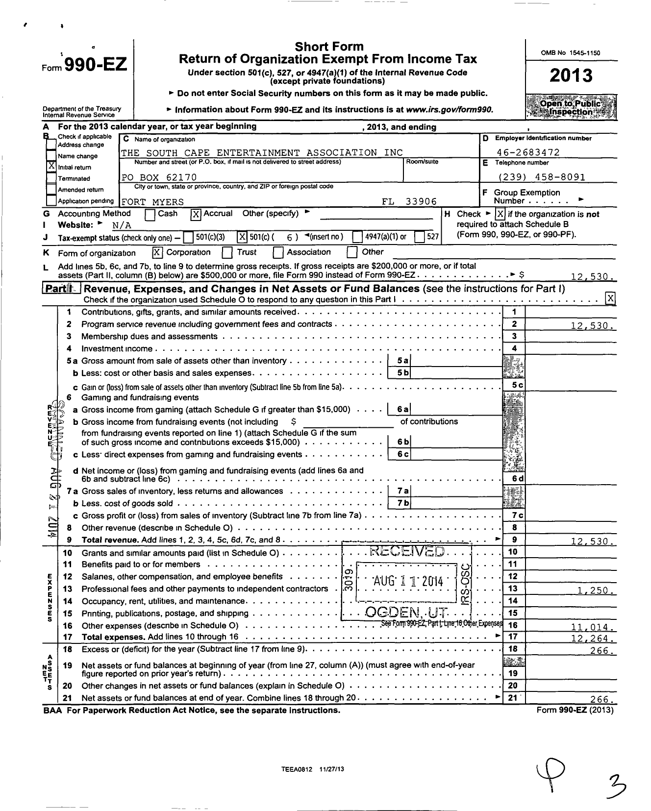 Image of first page of 2013 Form 990EO for The South Cape Entertainment Association