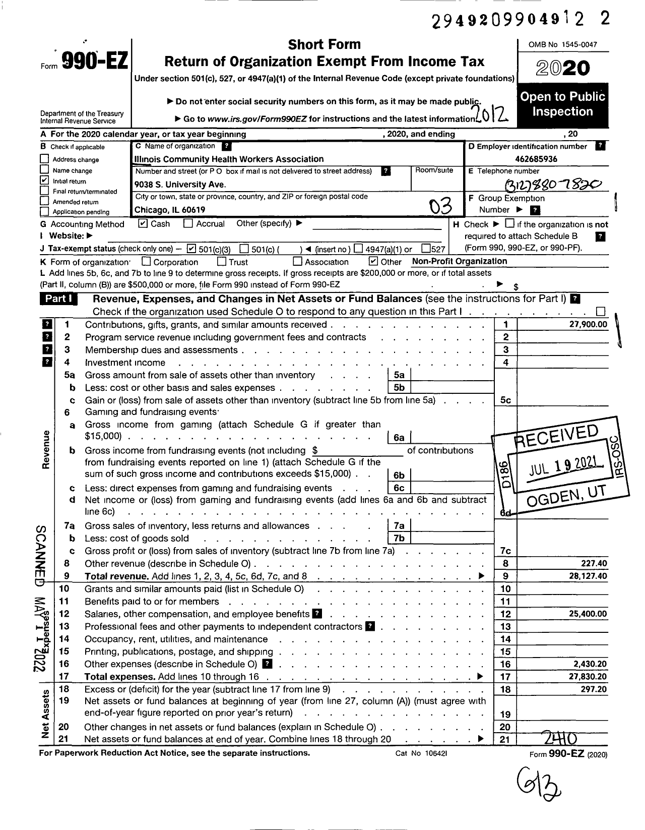 Image of first page of 2020 Form 990EZ for Illinois Community Health Workers Association