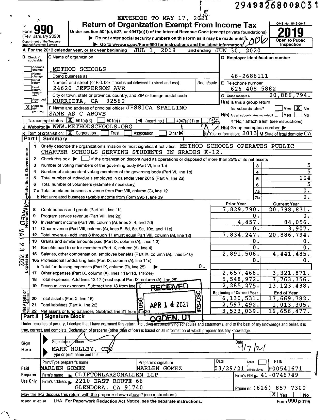 Image of first page of 2019 Form 990 for Method Schools