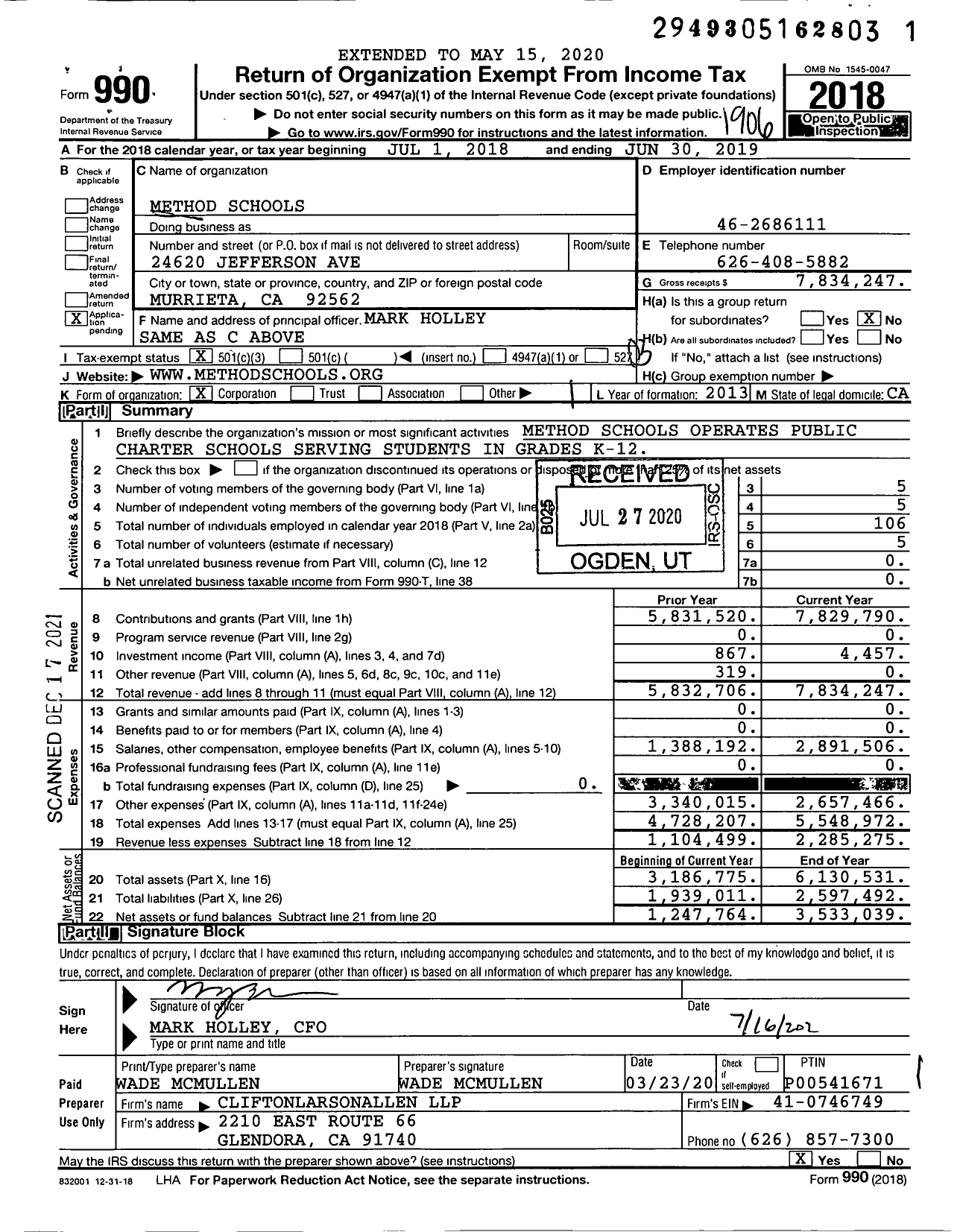 Image of first page of 2018 Form 990 for Method Schools