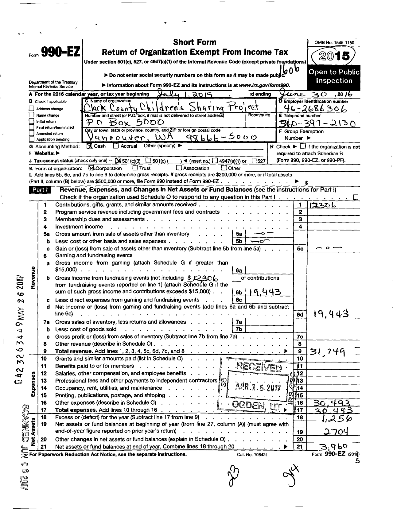 Image of first page of 2015 Form 990EZ for Clark County Childrens Sharing Project