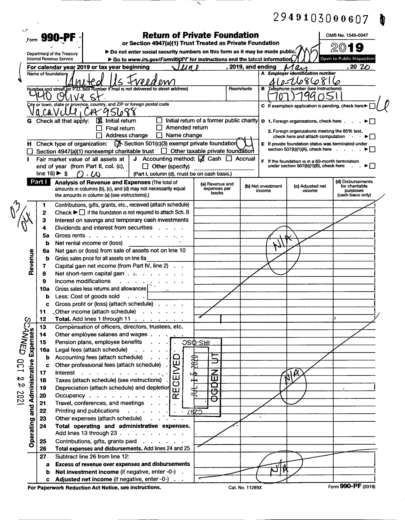 Image of first page of 2019 Form 990PF for United Us Freedom