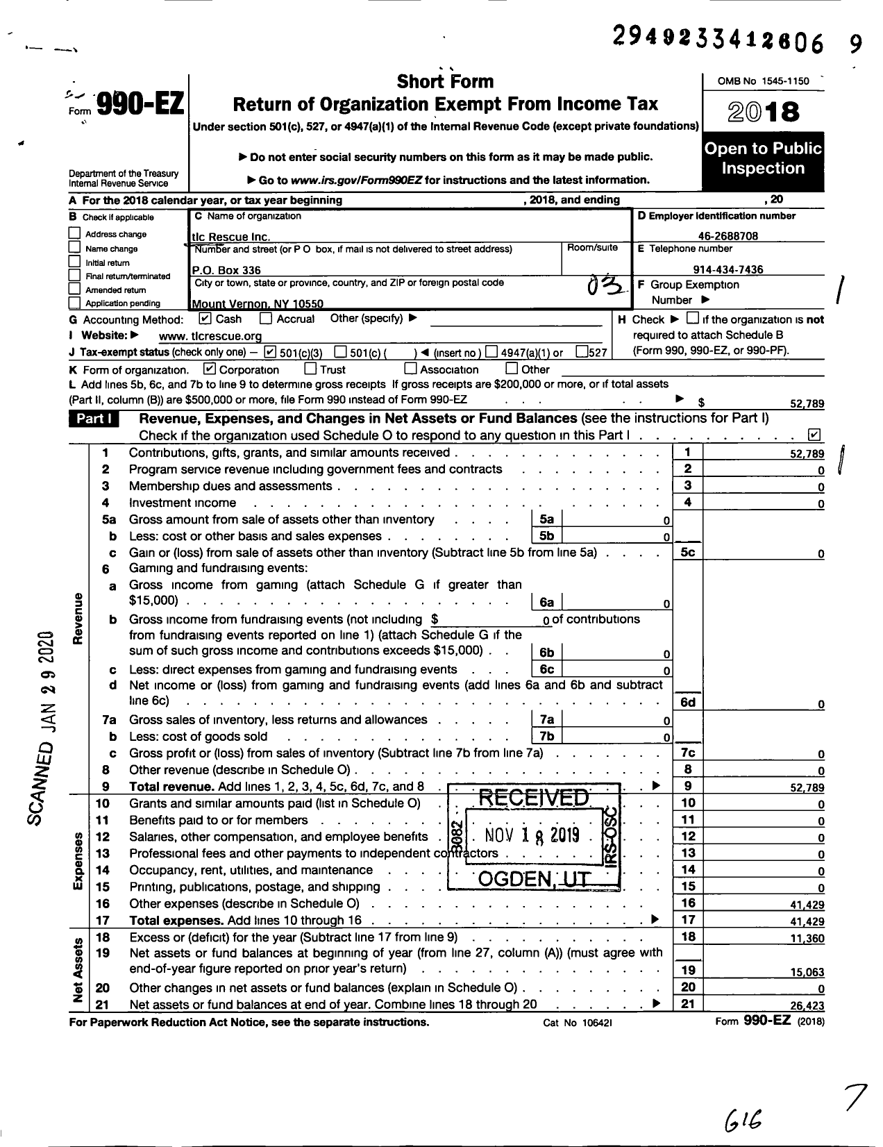 Image of first page of 2018 Form 990EZ for TLC Rescue