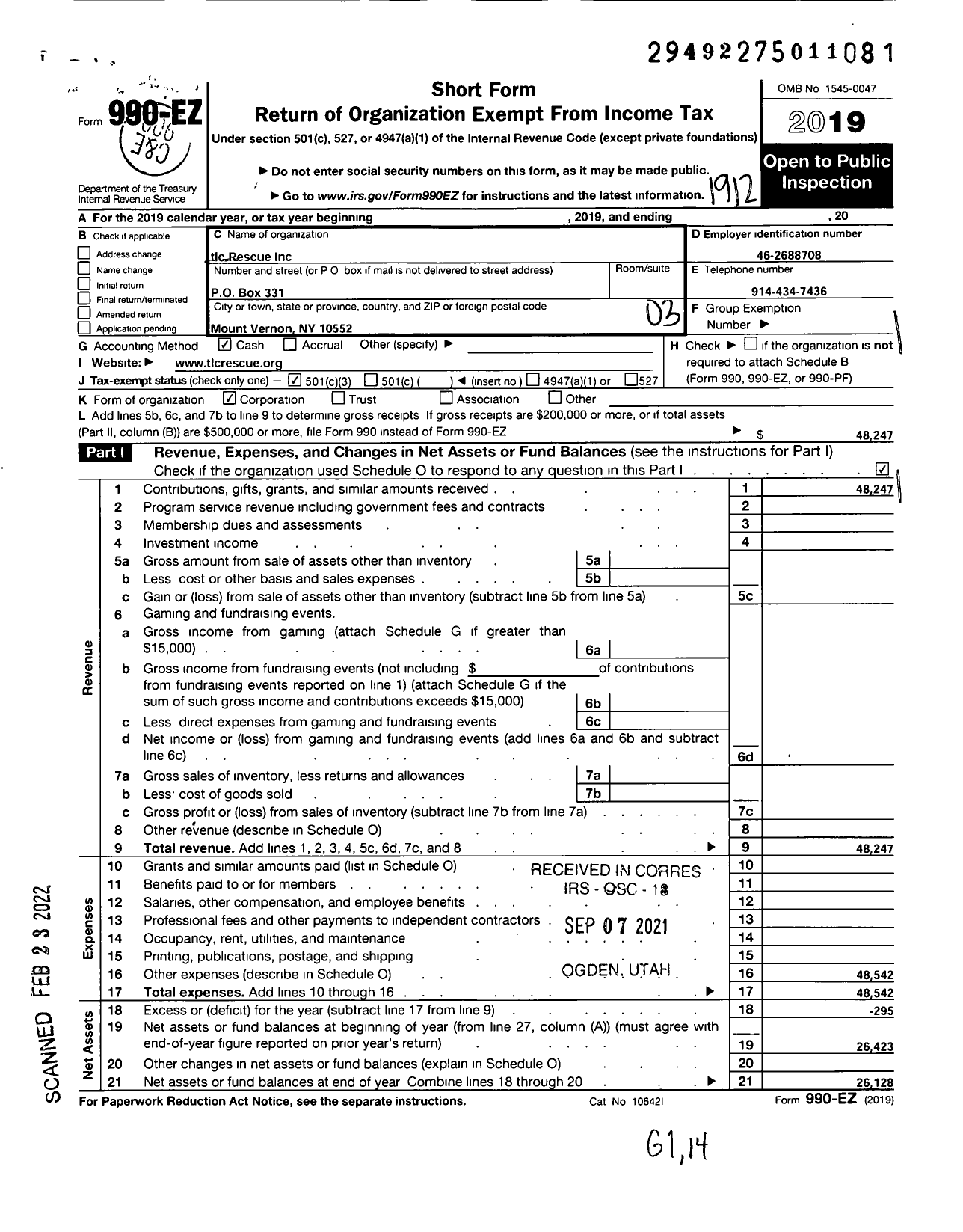 Image of first page of 2019 Form 990EZ for TLC Rescue