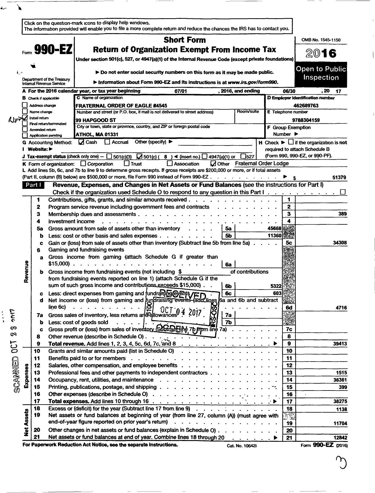 Image of first page of 2016 Form 990EO for Fraternal Order of Eagles - 4545 Aerie