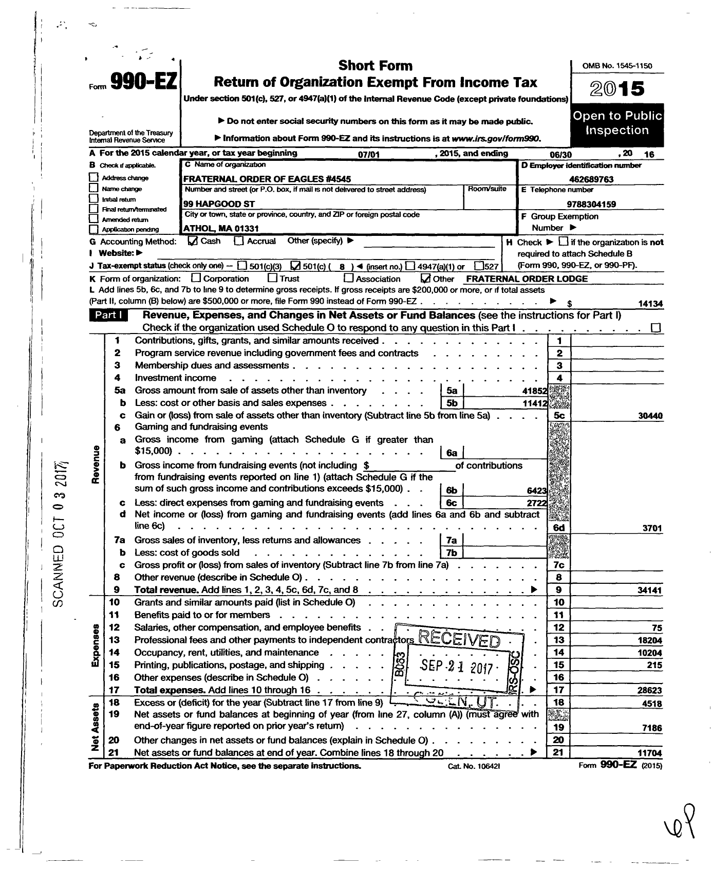 Image of first page of 2015 Form 990EO for Fraternal Order of Eagles - 4545 Aerie