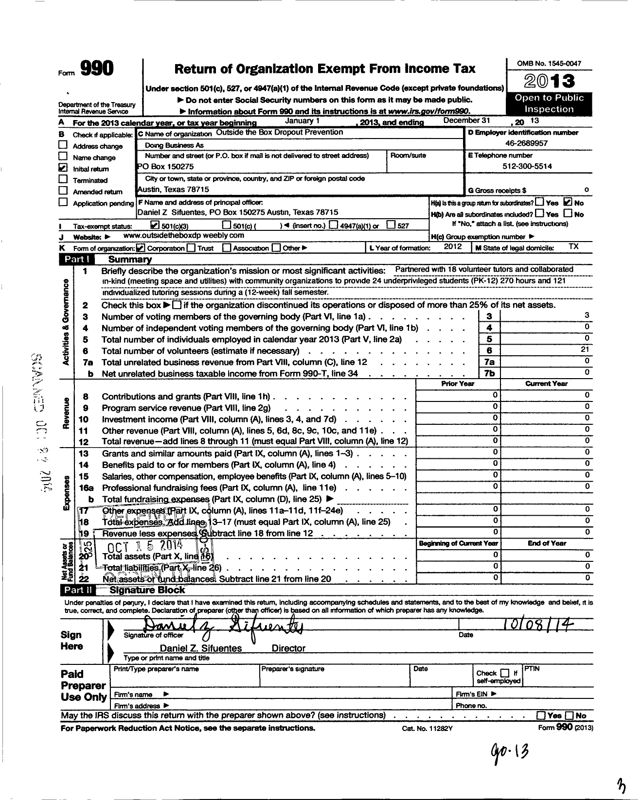 Image of first page of 2013 Form 990 for Outside the Box Dropout Prevention