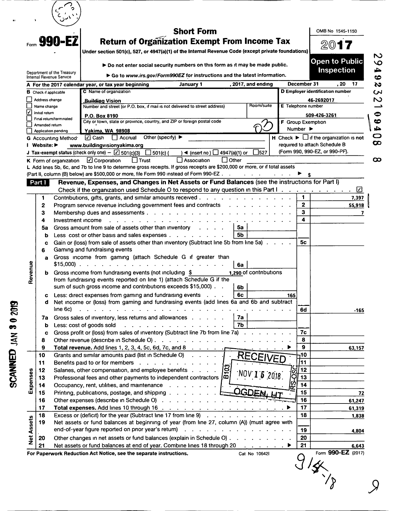 Image of first page of 2017 Form 990EZ for Foundation for Vision Therapy Awareness