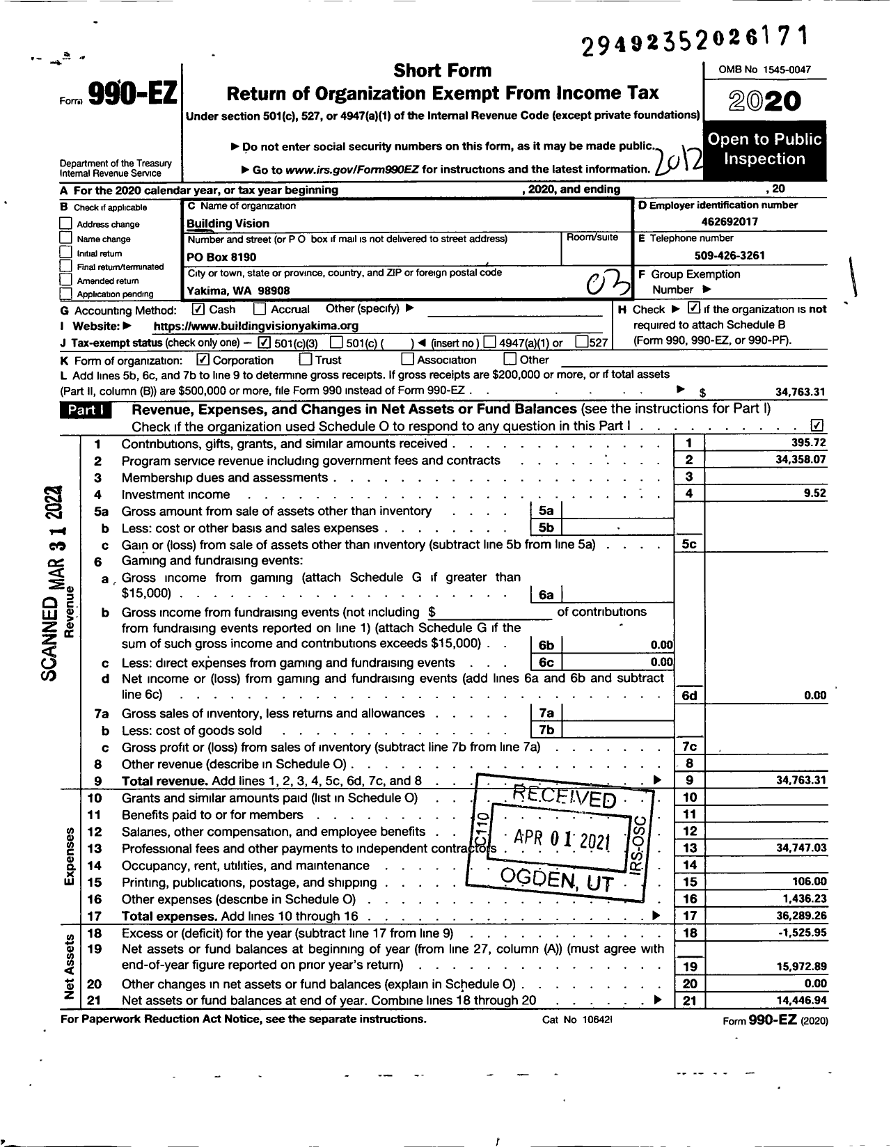 Image of first page of 2020 Form 990EZ for Foundation for Vision Therapy Awareness