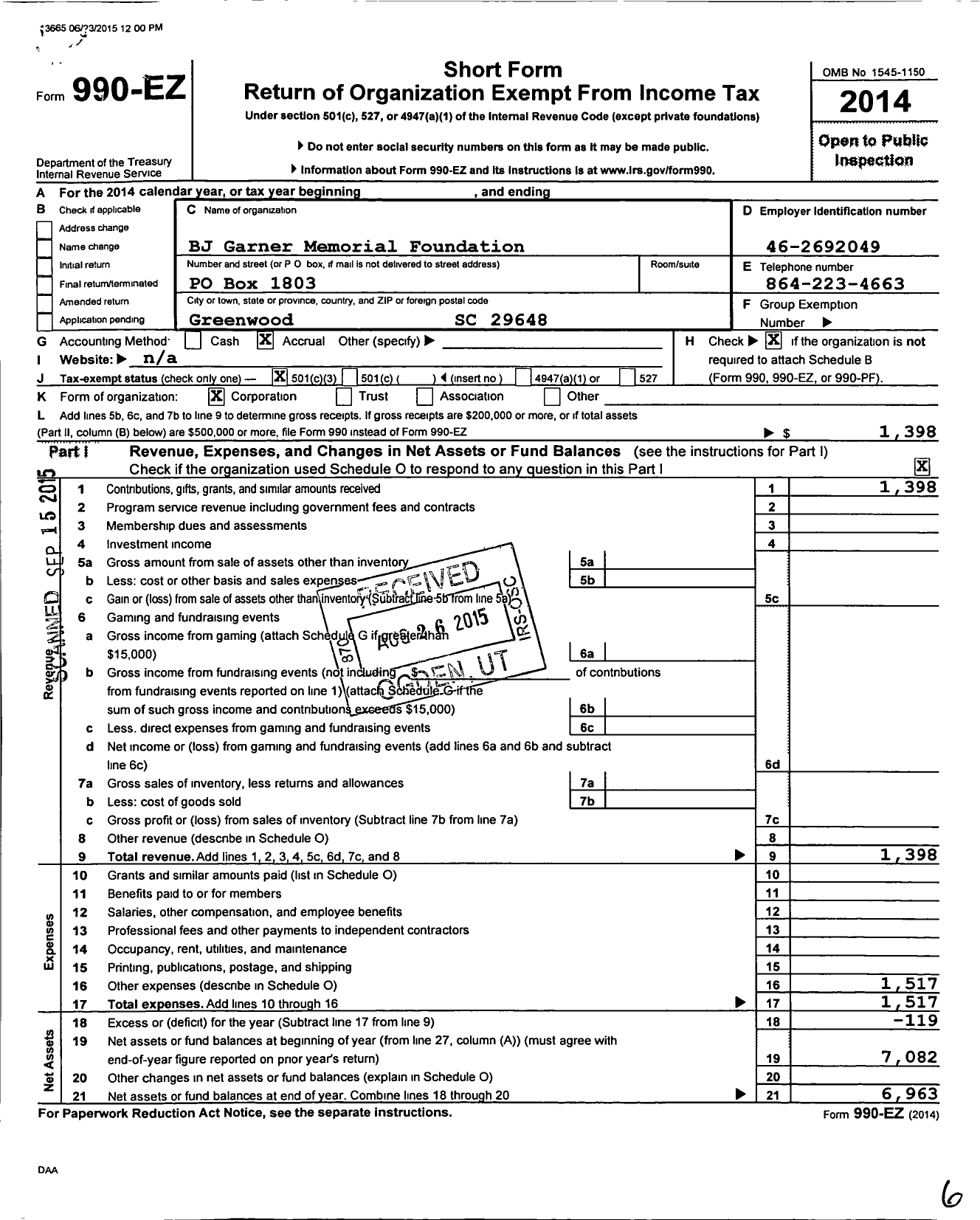 Image of first page of 2014 Form 990EZ for BJ Garner Memorial Foundation