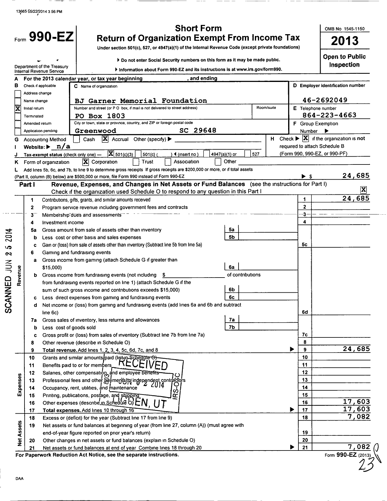 Image of first page of 2013 Form 990EZ for BJ Garner Memorial Foundation