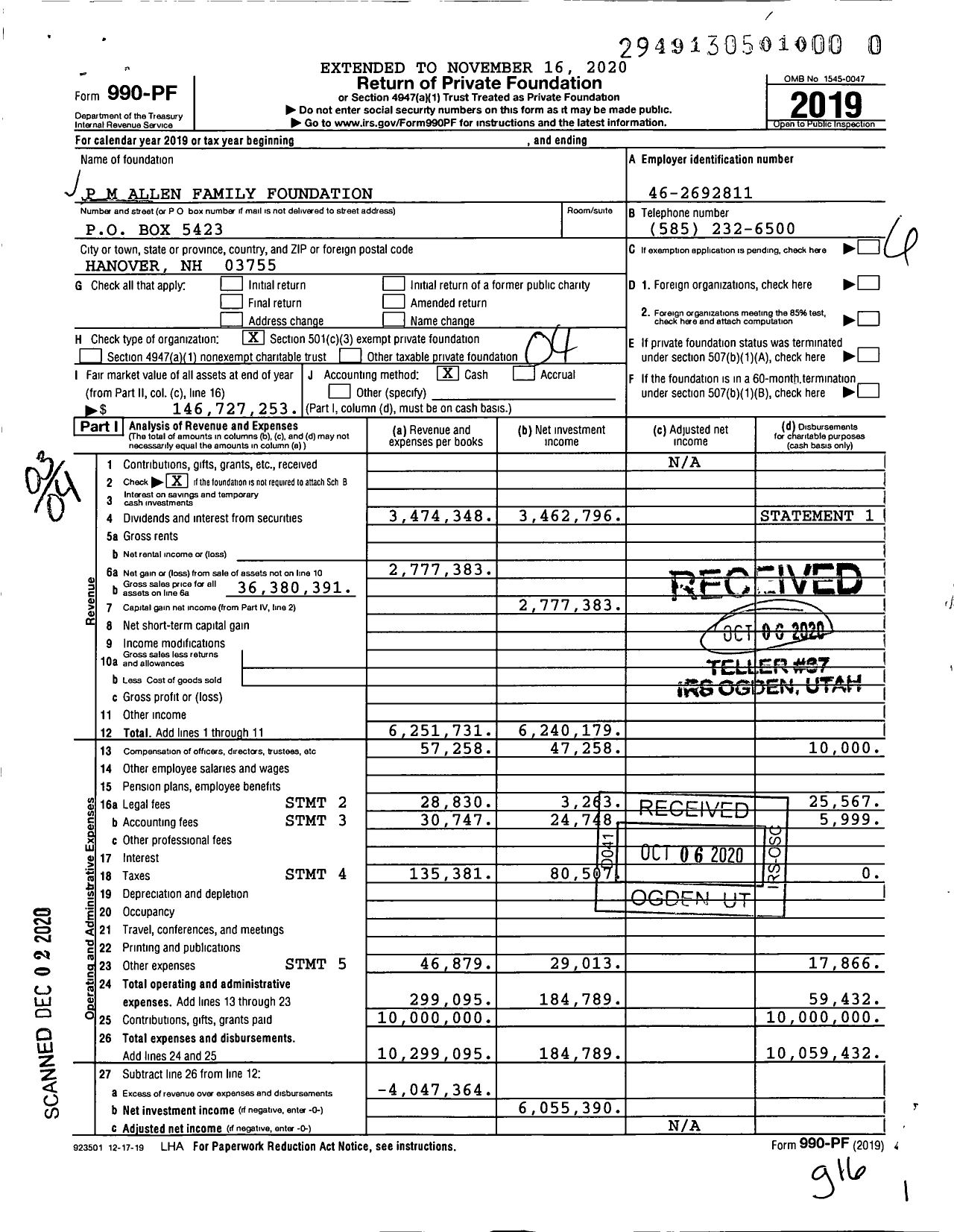 Image of first page of 2019 Form 990PF for P M Allen Family Foundation