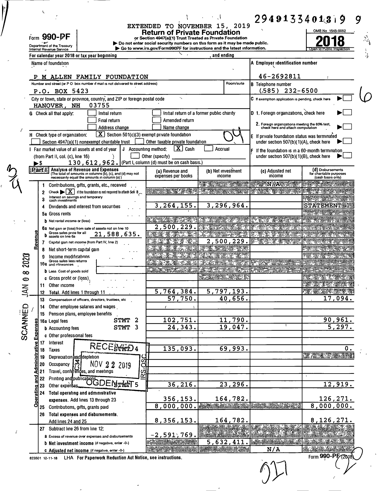 Image of first page of 2018 Form 990PF for P M Allen Family Foundation