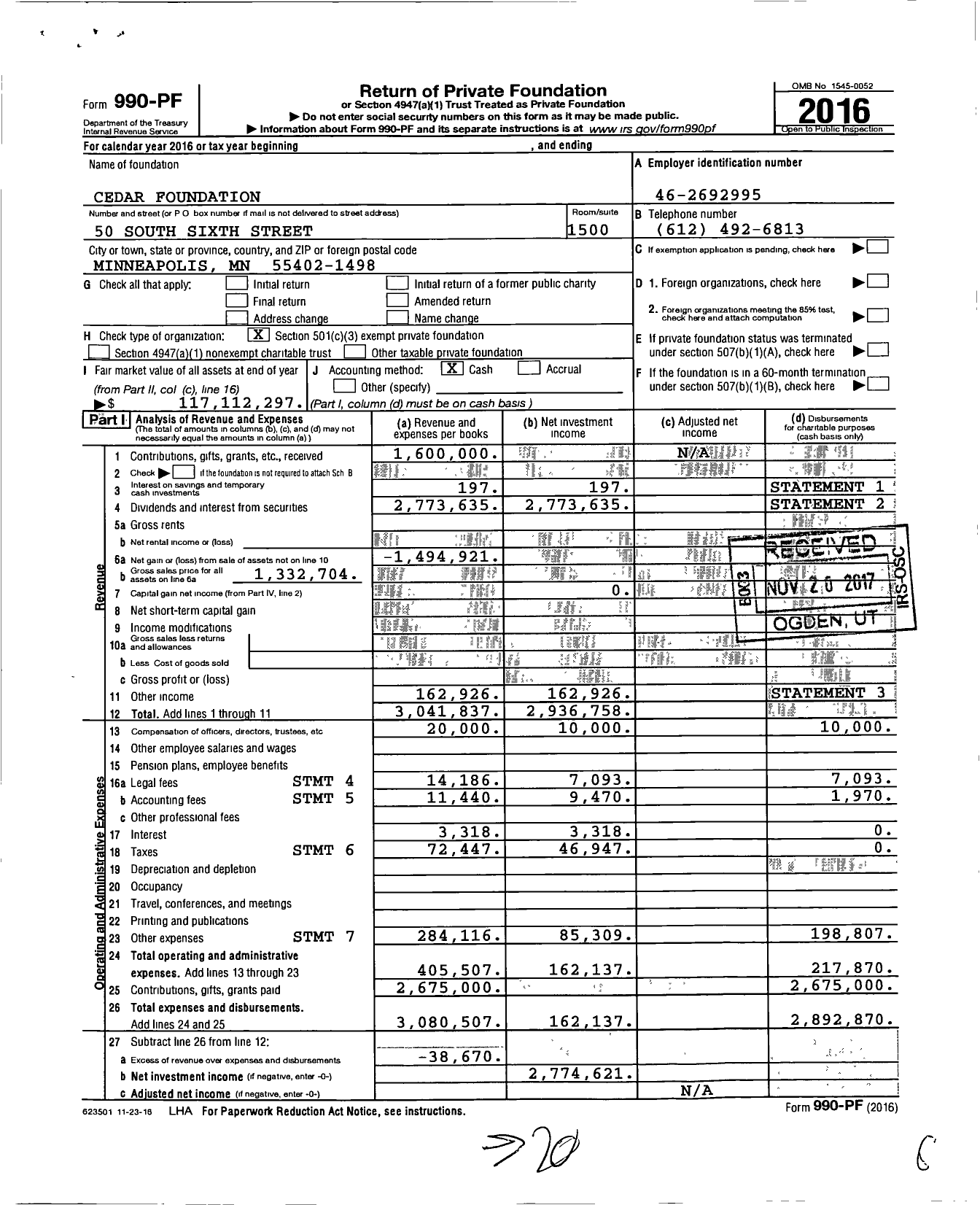 Image of first page of 2016 Form 990PF for Cedar Foundation