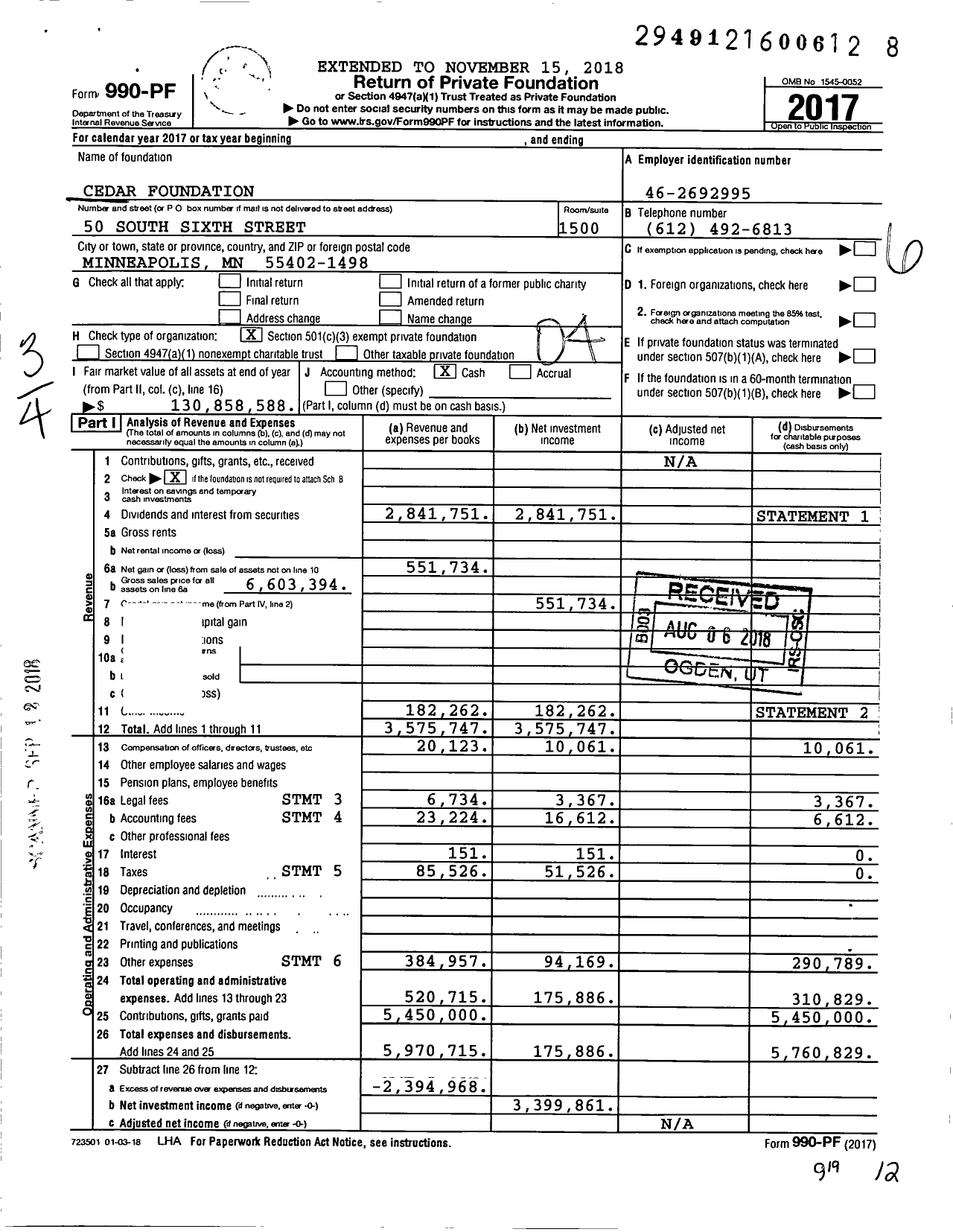 Image of first page of 2017 Form 990PF for Cedar Foundation