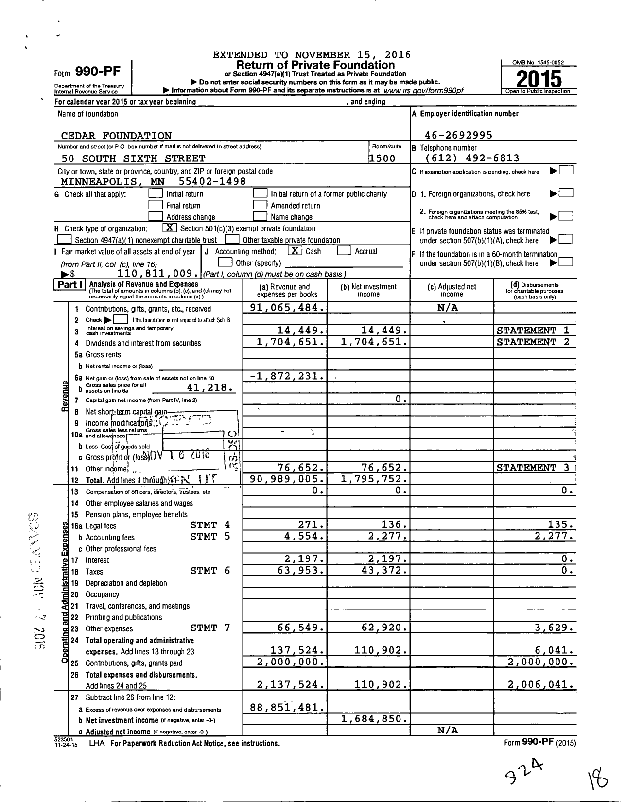 Image of first page of 2015 Form 990PF for Cedar Foundation