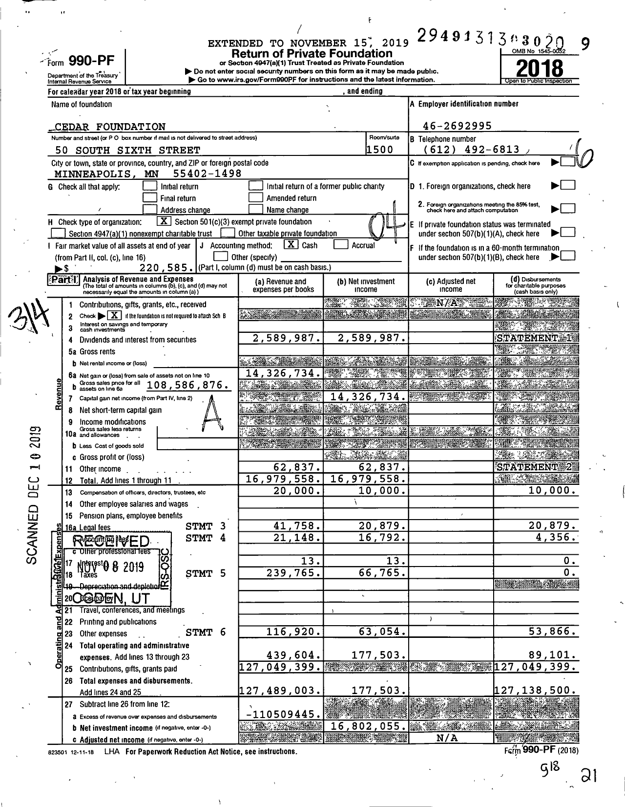 Image of first page of 2018 Form 990PF for Cedar Foundation