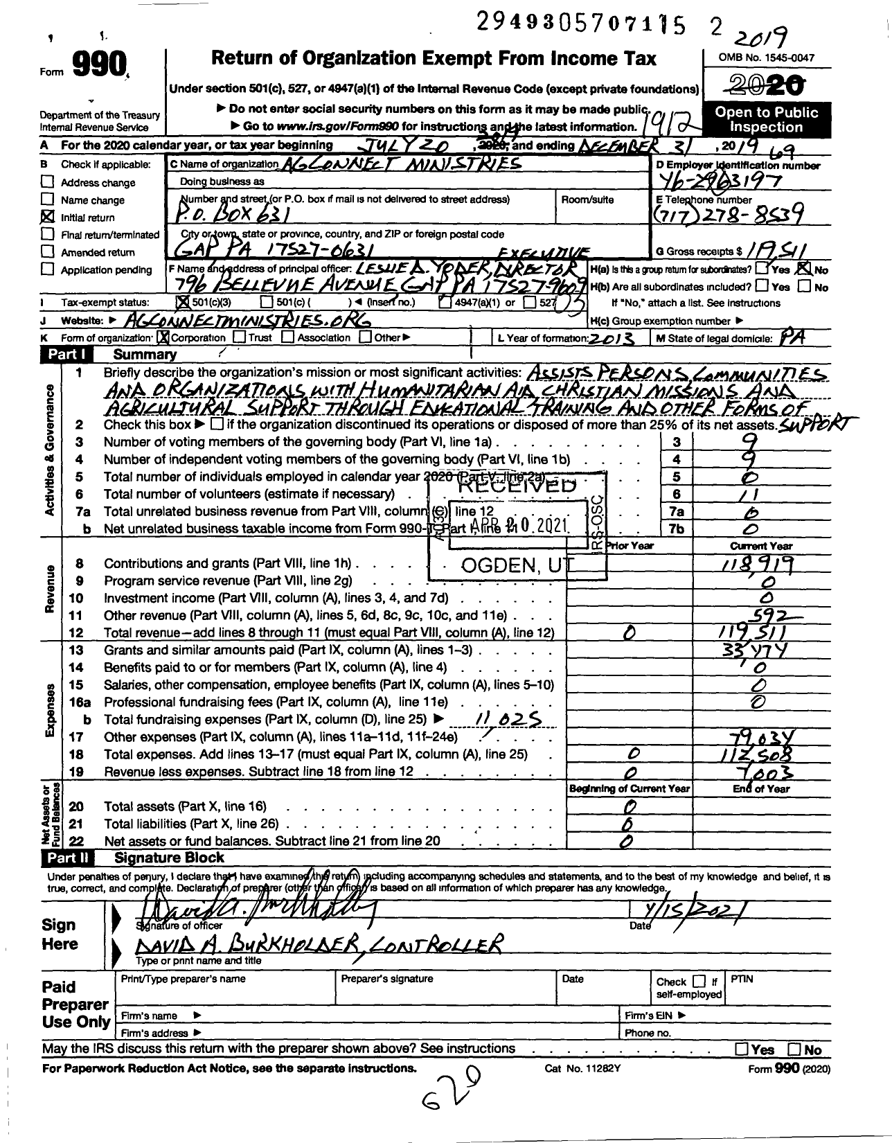 Image of first page of 2019 Form 990 for Agconnect Ministries