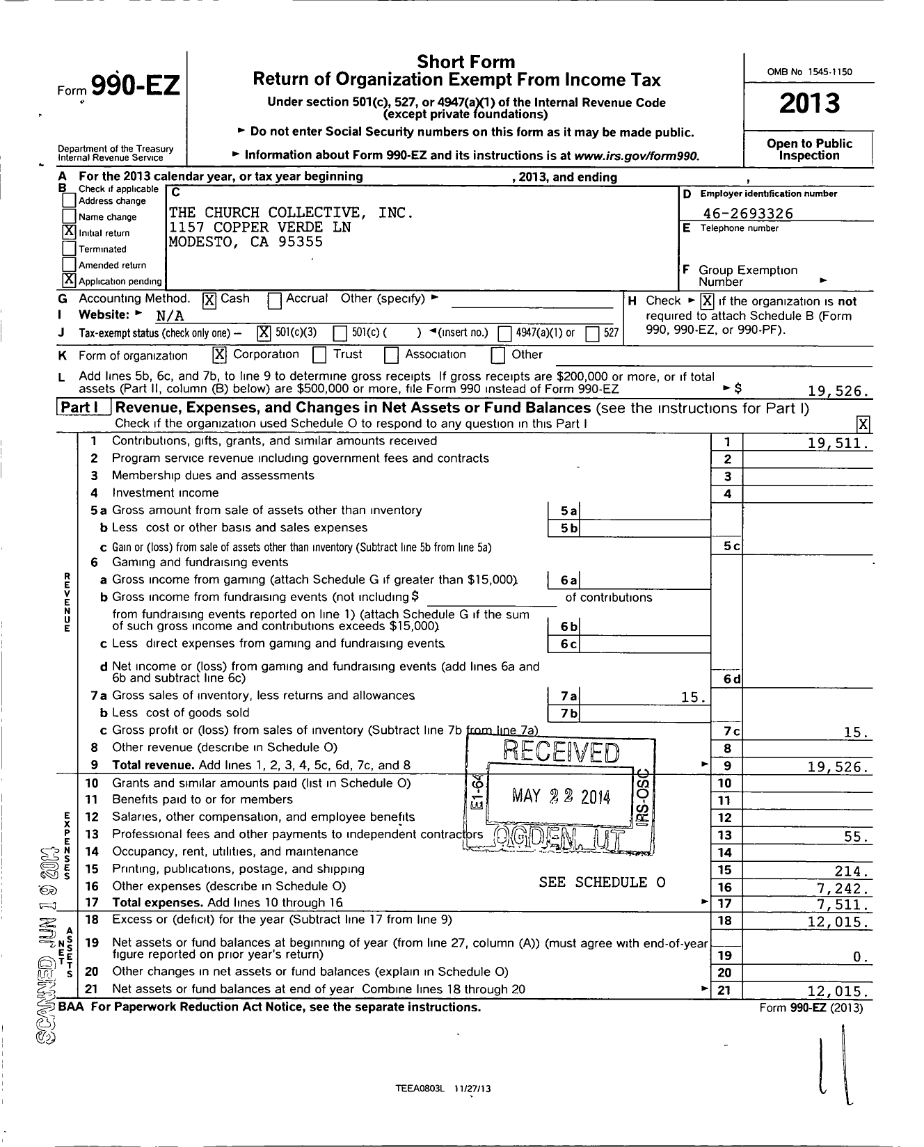 Image of first page of 2013 Form 990EZ for The Church Collective