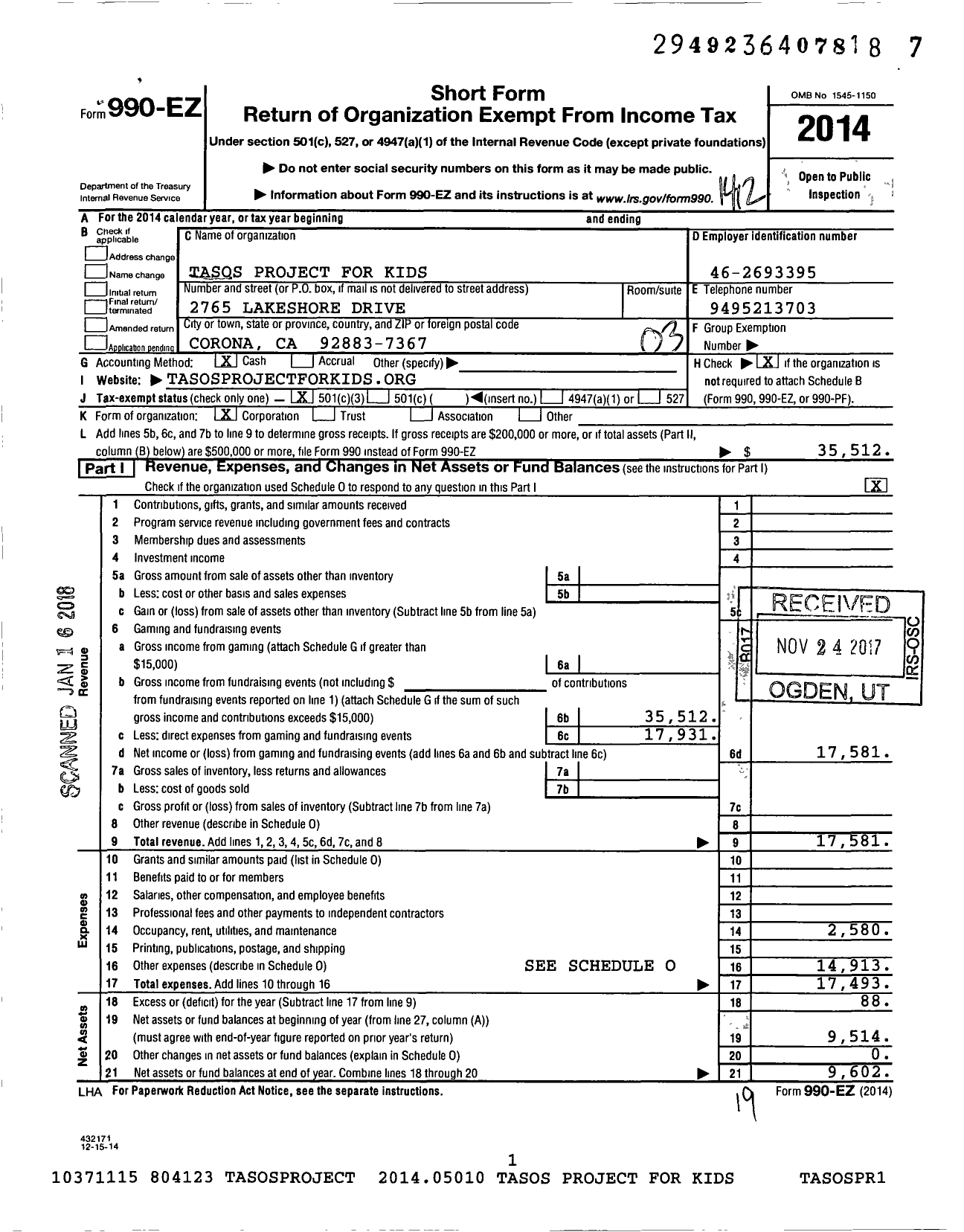 Image of first page of 2014 Form 990EZ for Tasos Project for Kids