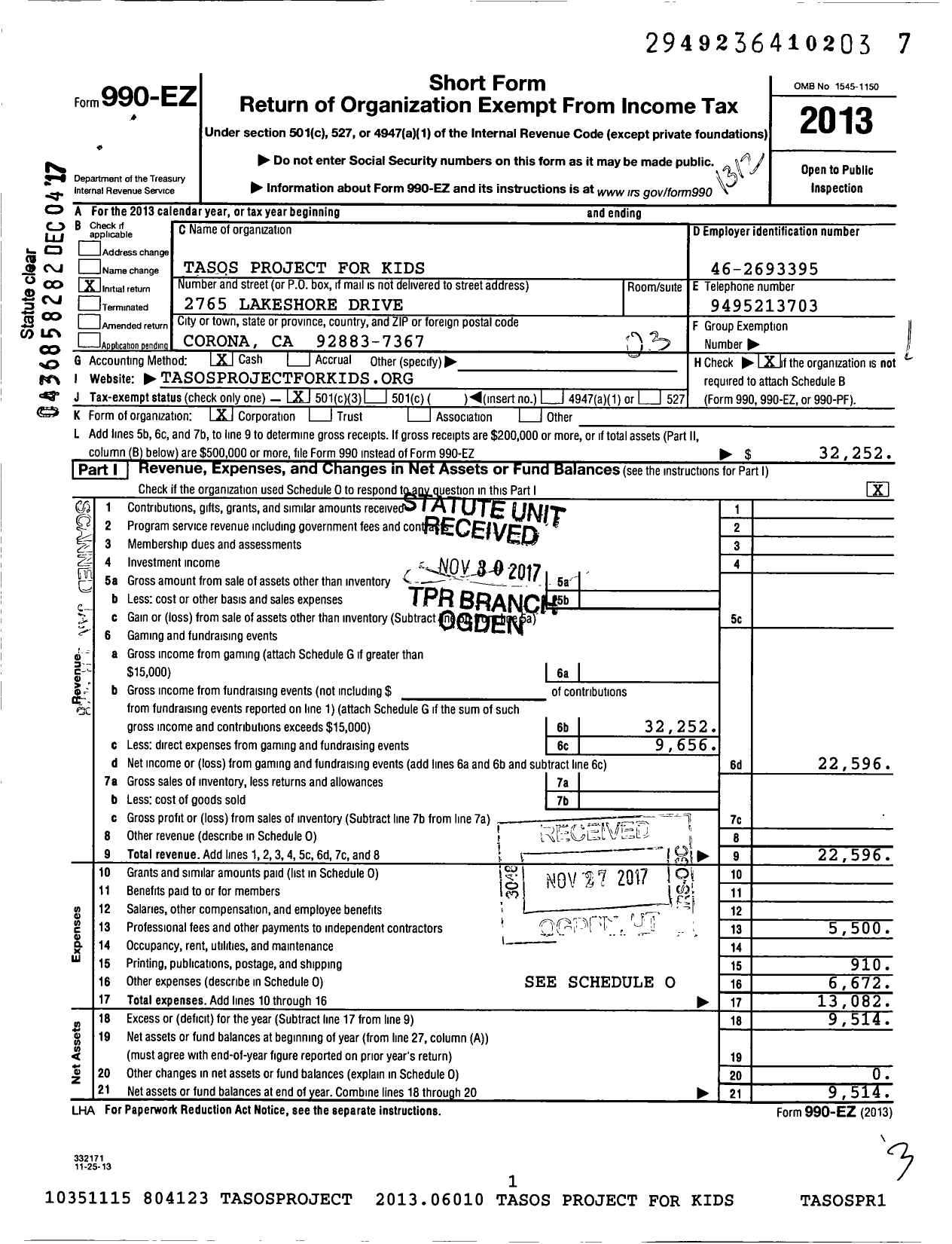 Image of first page of 2013 Form 990EZ for Tasos Project for Kids