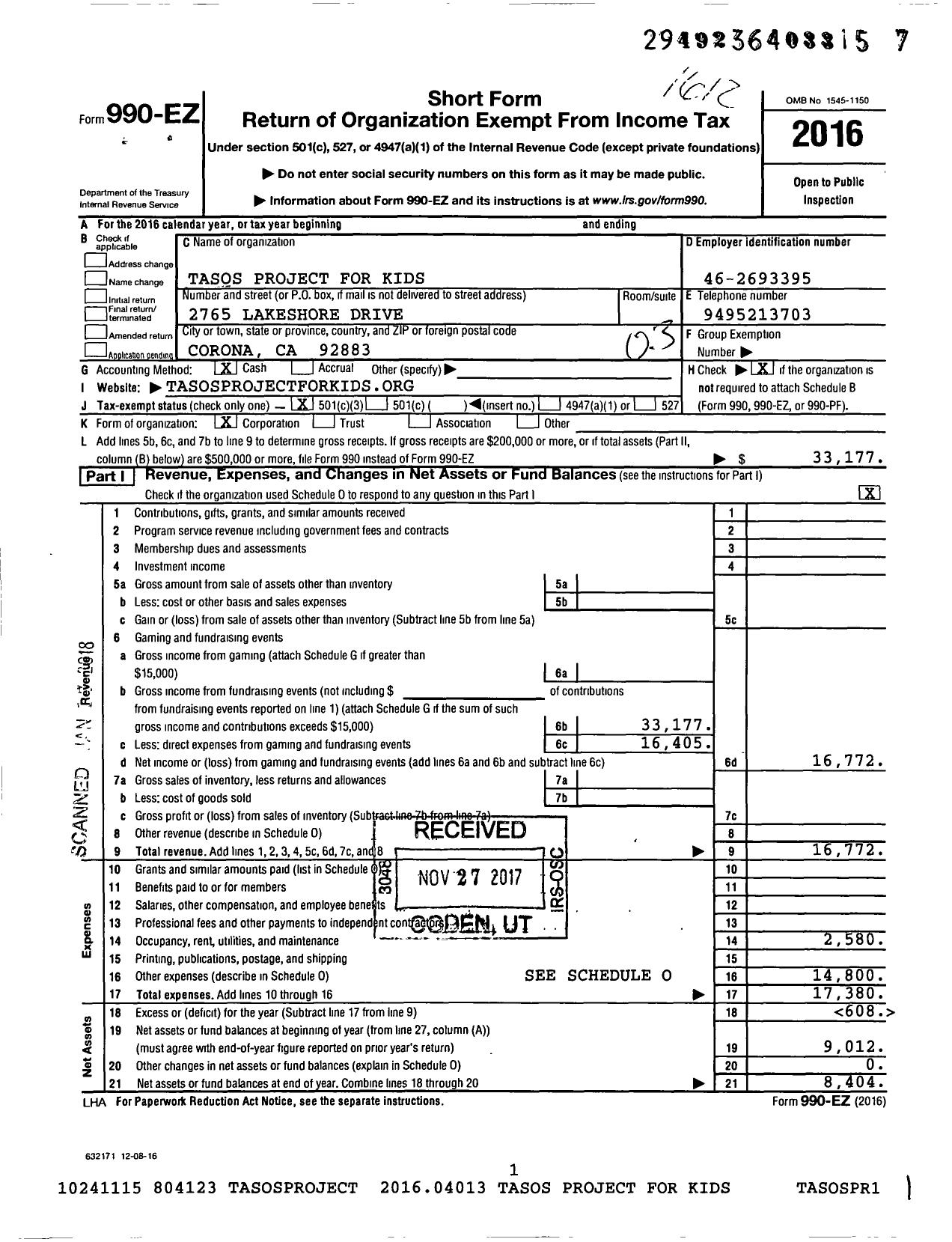 Image of first page of 2016 Form 990EZ for Tasos Project for Kids