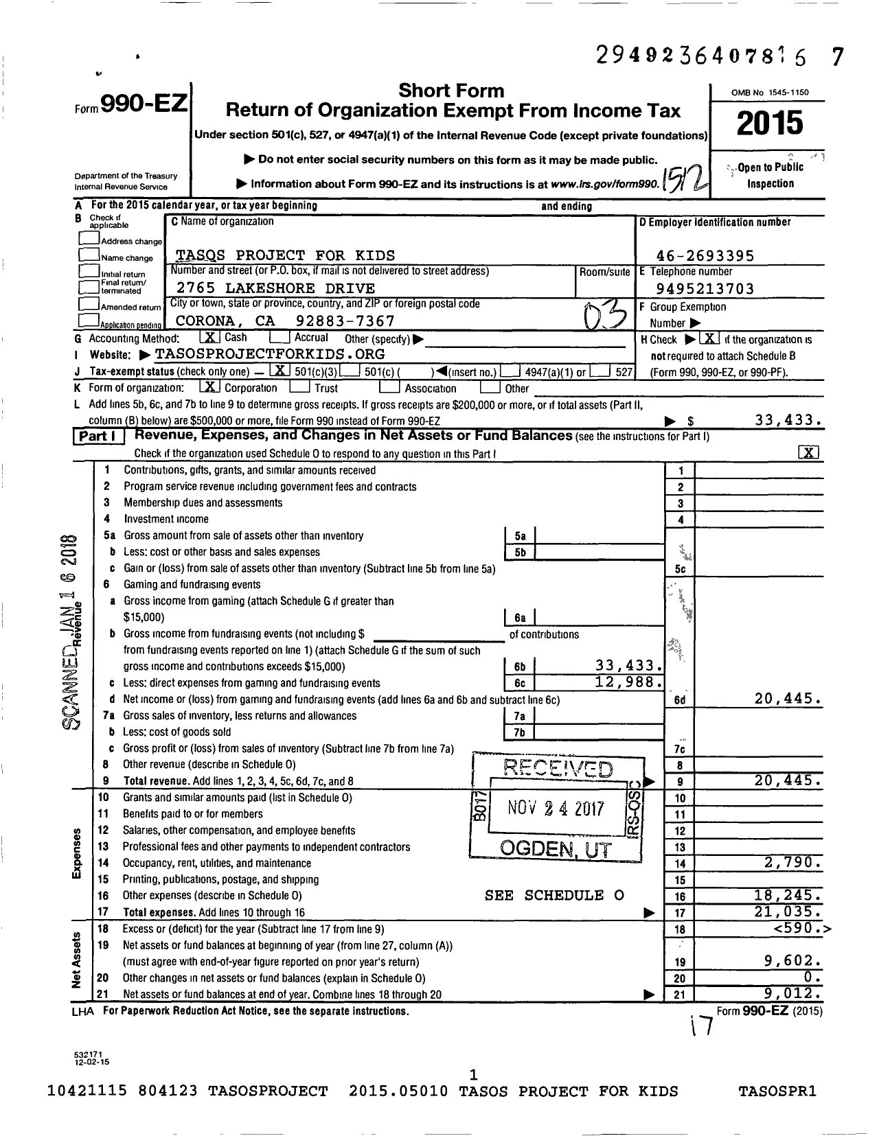 Image of first page of 2015 Form 990EZ for Tasos Project for Kids