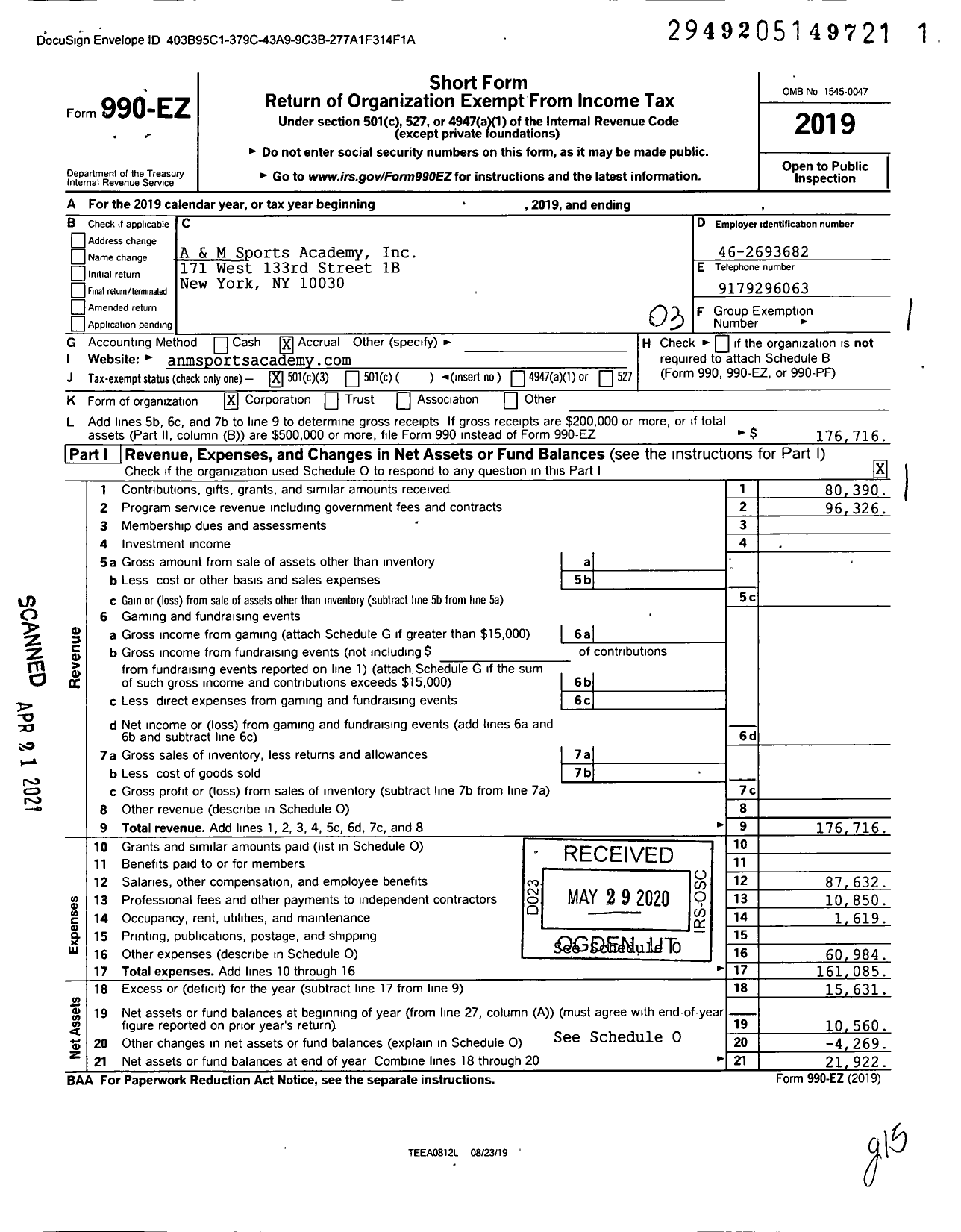 Image of first page of 2019 Form 990EZ for A and M Sports Academy