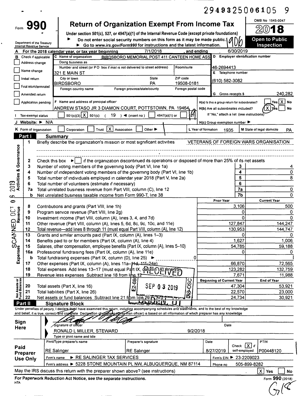 Image of first page of 2018 Form 990O for Birdsboro Memorial Post 411 Canteen Home Association