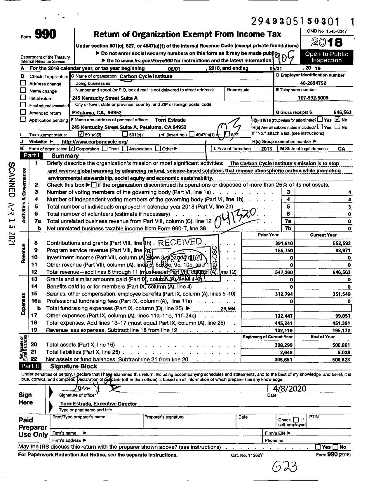 Image of first page of 2018 Form 990 for Carbon Cycle Institute