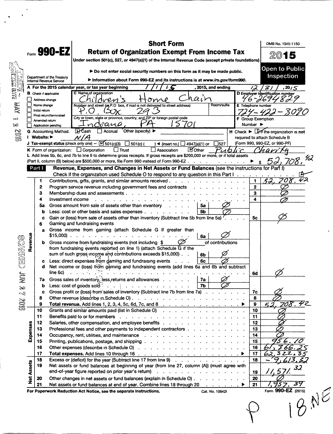 Image of first page of 2015 Form 990EZ for Childrens Home Chain