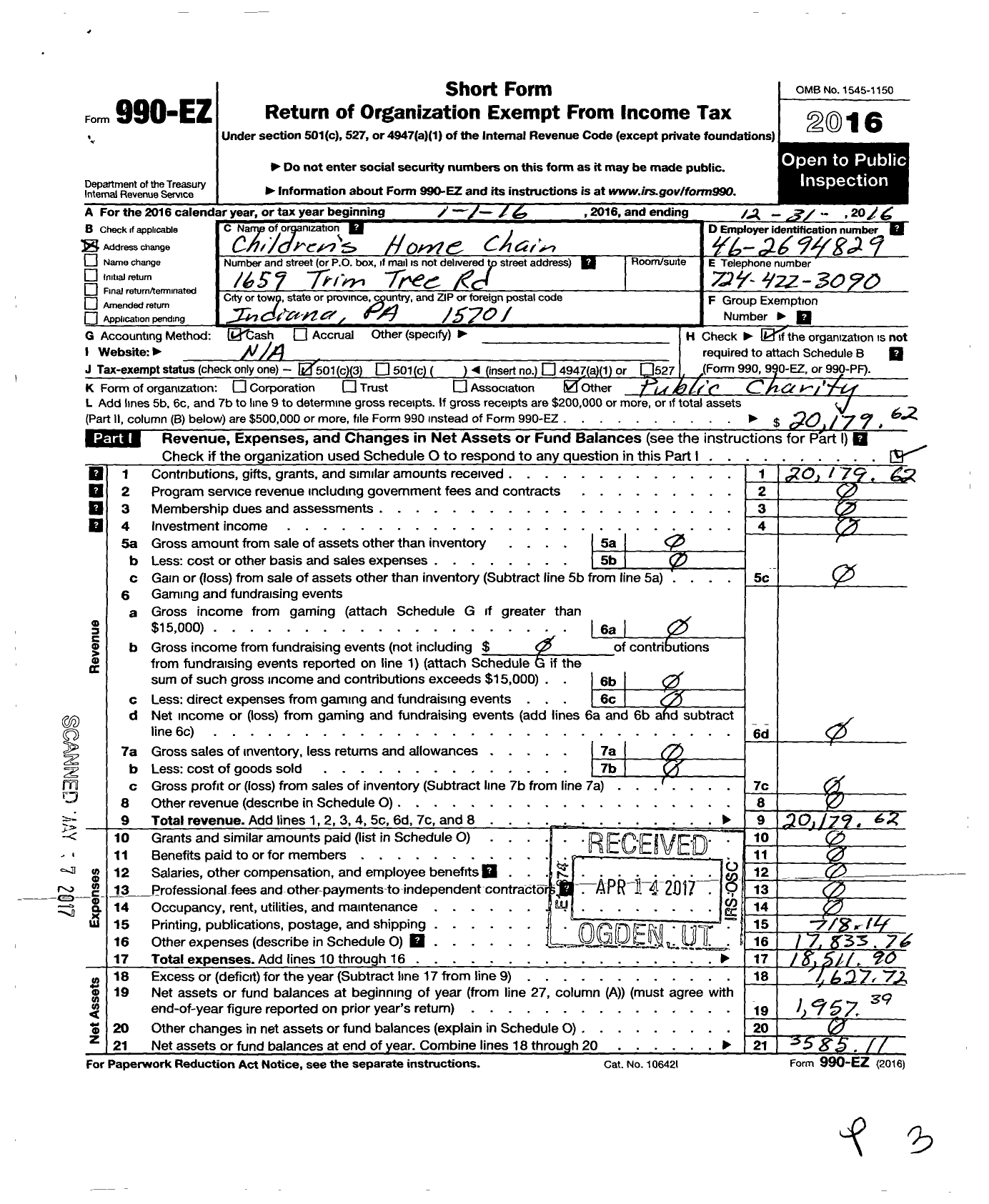 Image of first page of 2016 Form 990EZ for Childrens Home Chain