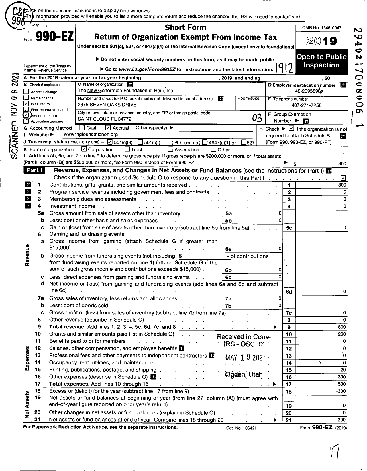 Image of first page of 2019 Form 990EZ for New Generation Foundation of Haiti