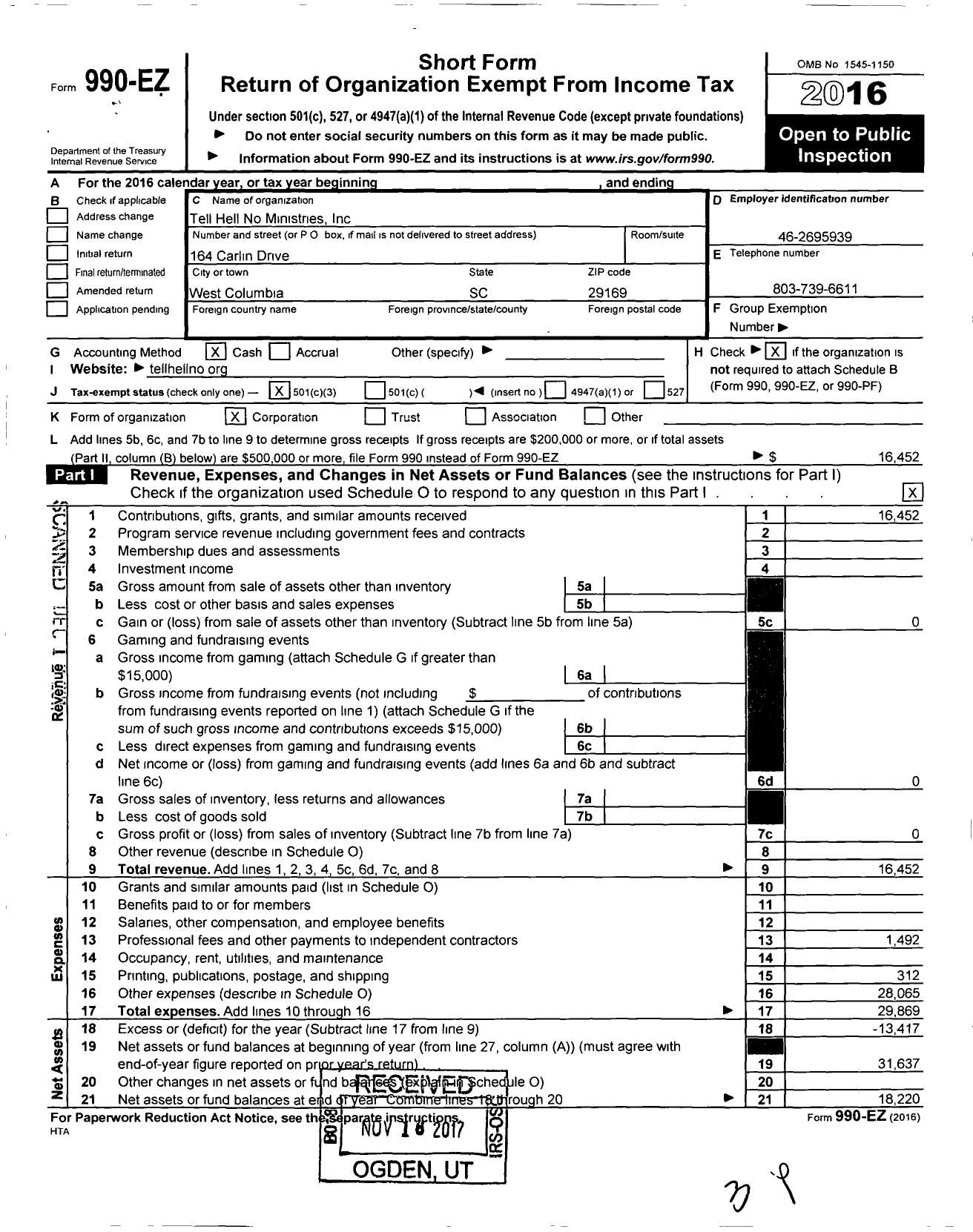 Image of first page of 2016 Form 990EZ for Tell Hell No Ministries