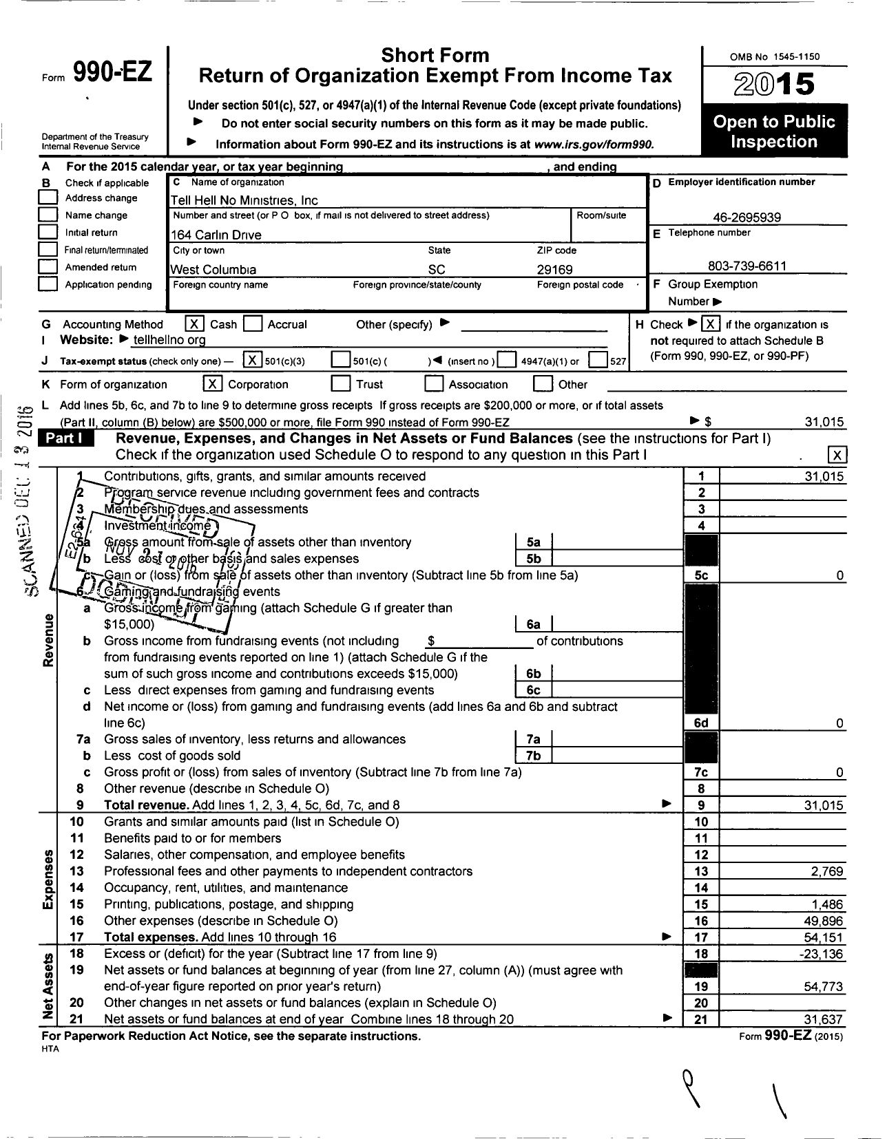 Image of first page of 2015 Form 990EZ for Tell Hell No Ministries