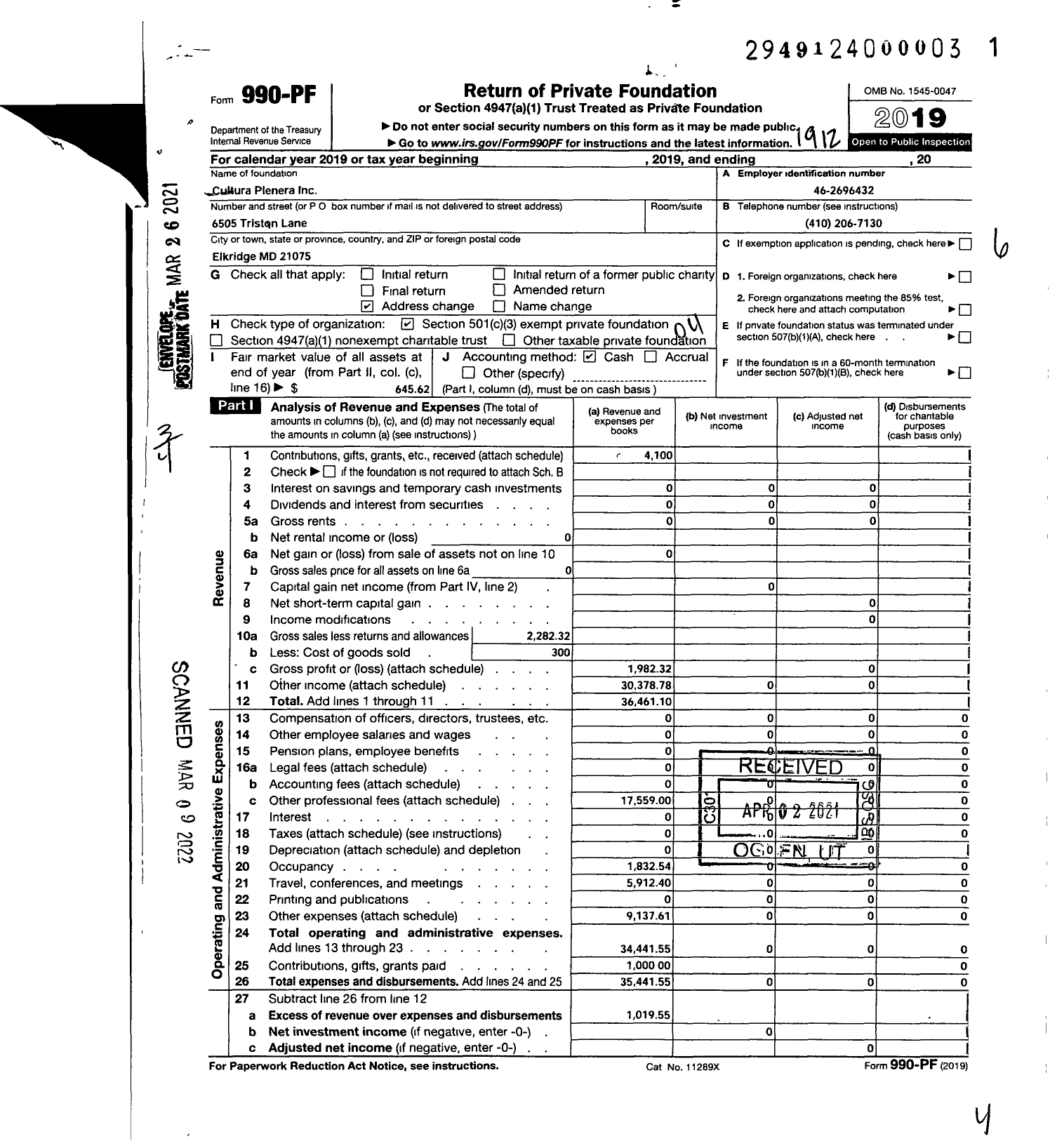 Image of first page of 2019 Form 990PF for Cultura Plenera