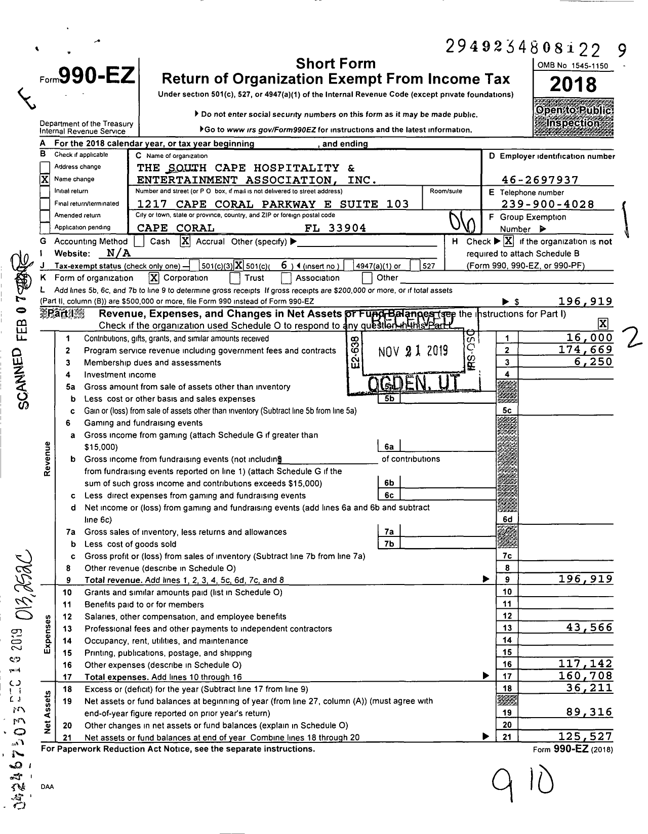 Image of first page of 2018 Form 990EO for The South Cape Hospitality and Entertainment Association