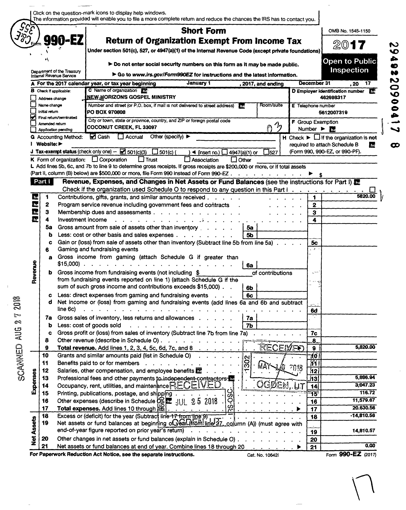 Image of first page of 2017 Form 990EZ for New Horizons Gospel Ministry