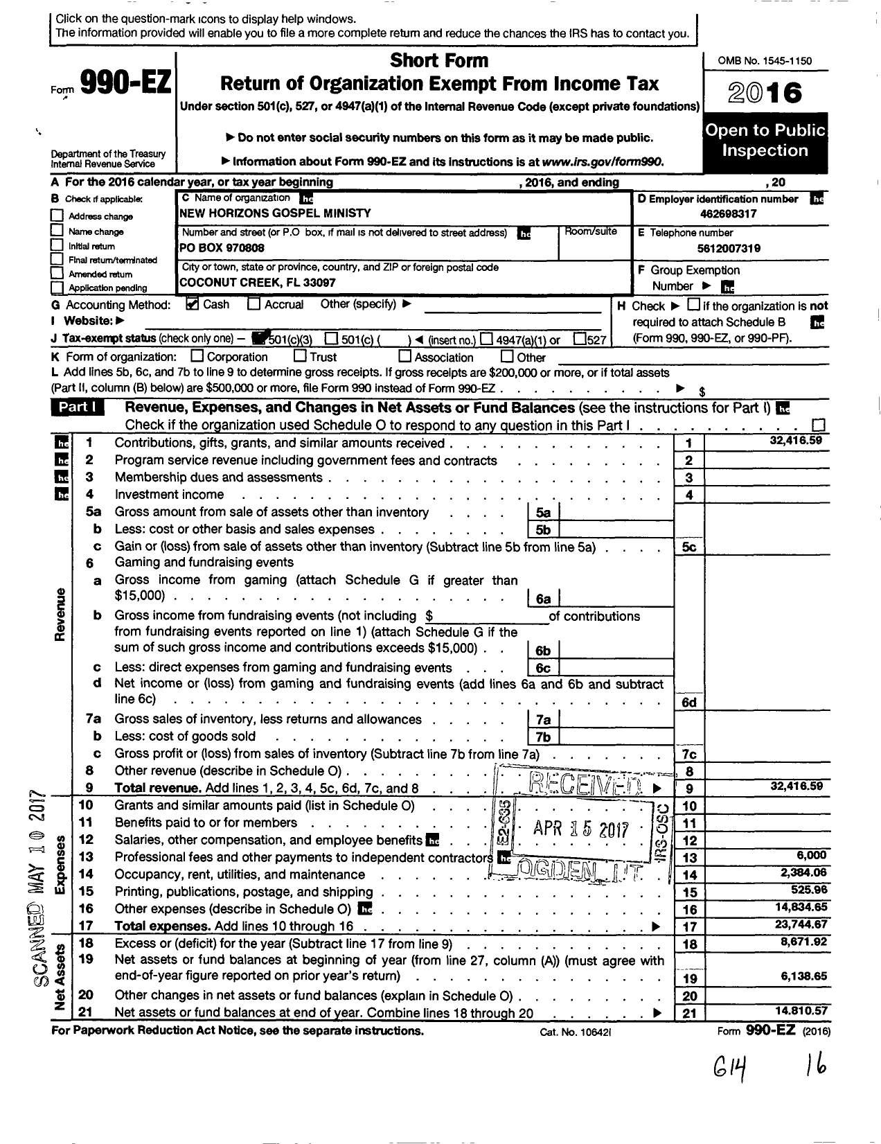 Image of first page of 2016 Form 990EZ for New Horizons Gospel Ministry