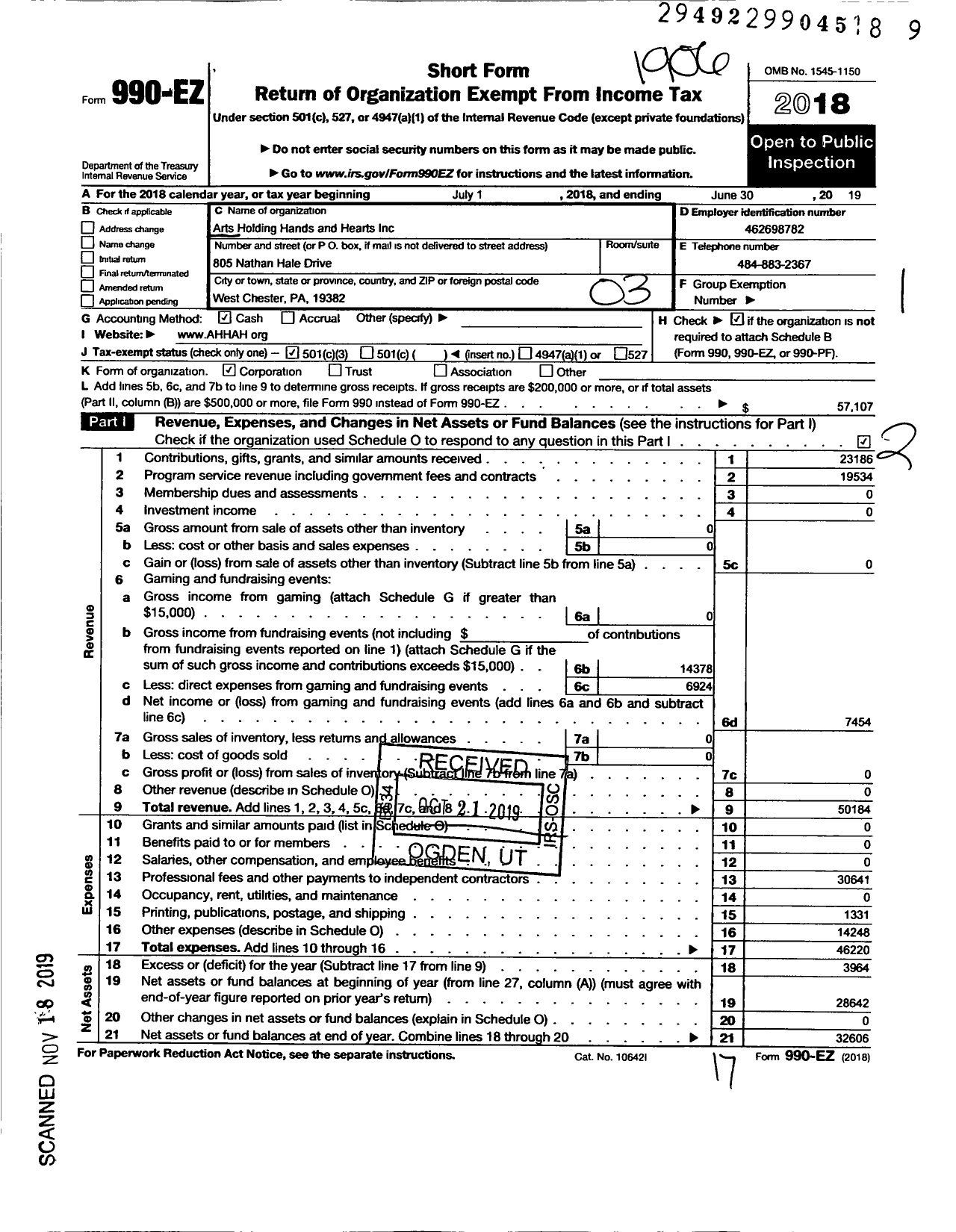 Image of first page of 2018 Form 990EZ for Arts Holding Hands and Hearts