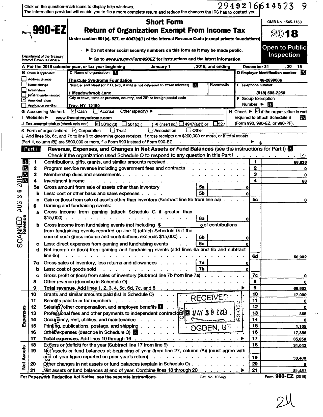 Image of first page of 2018 Form 990EZ for The Cute Syndrome Foundation