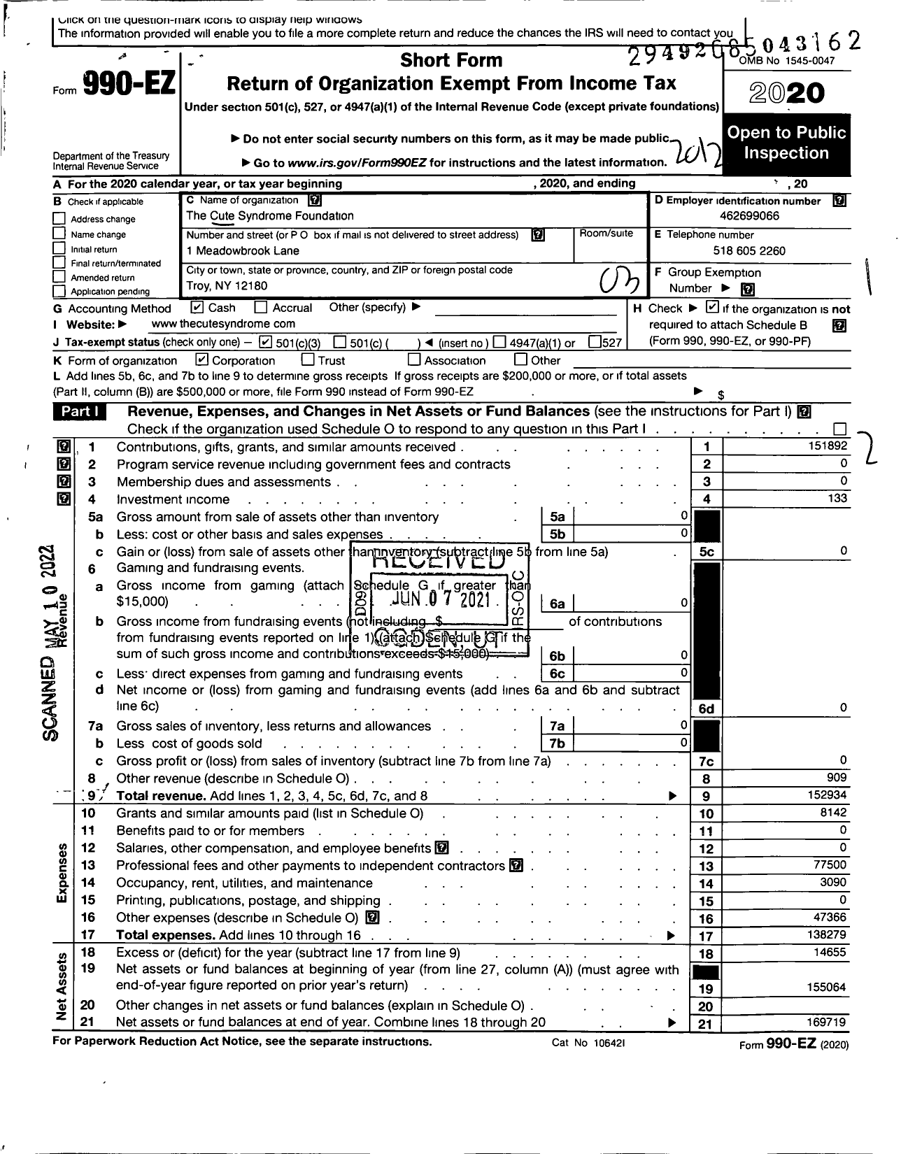 Image of first page of 2020 Form 990EZ for The Cute Syndrome Foundation